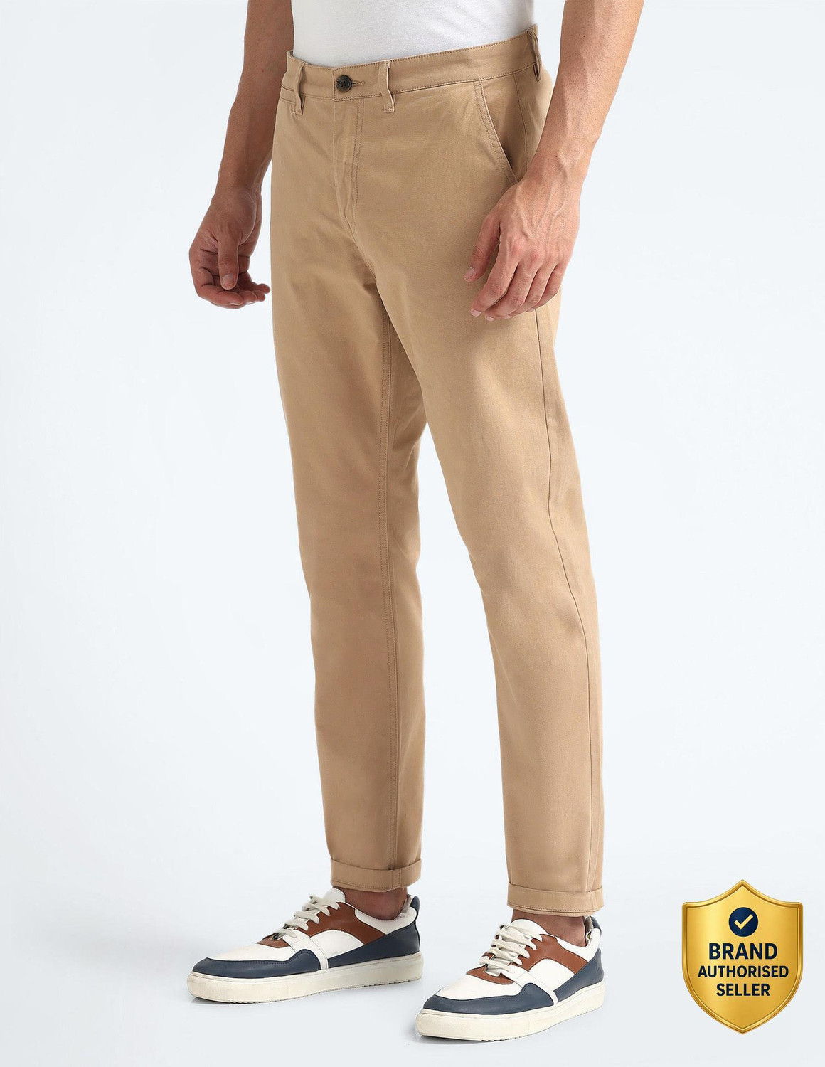 Image of FLYING MACHINE Men Tapered Brown Cotton Blend Trousers