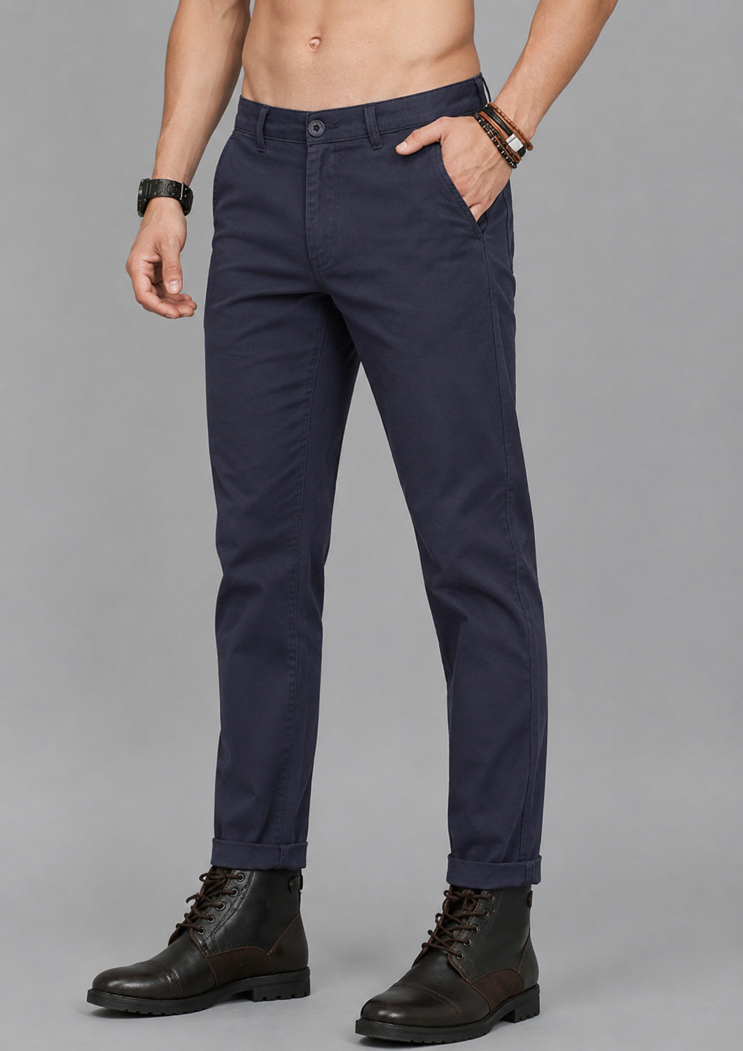 Image of FUBAR Men Regular Fit Grey Cotton Blend Trousers