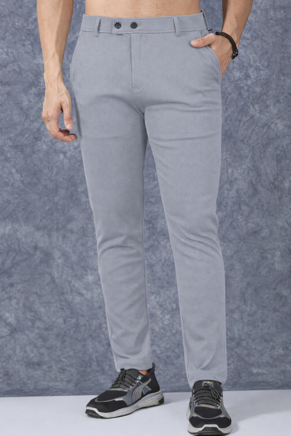 Image of COMBRAIDED Men Slim Fit Grey Lycra Blend Trousers