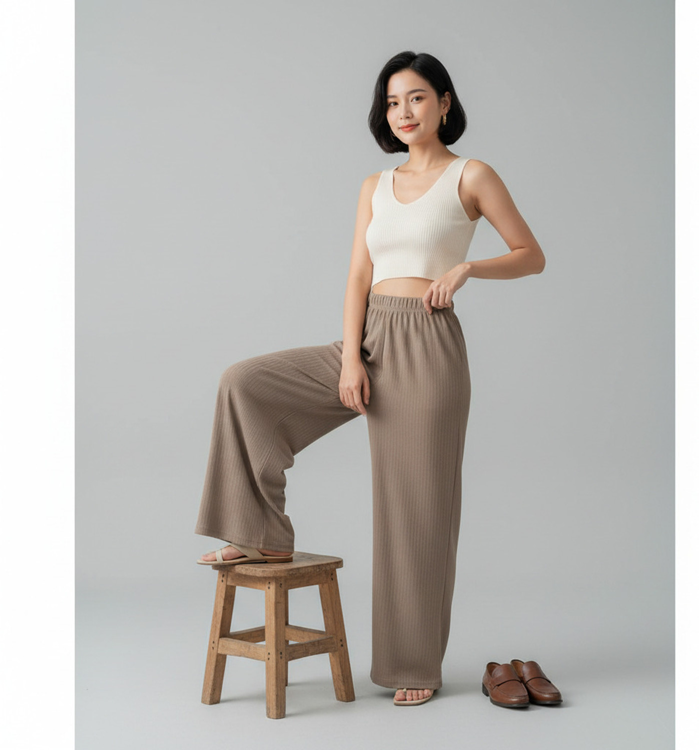 Image of HouseOfCommon Women Loose Fit Cream Polyester Trousers