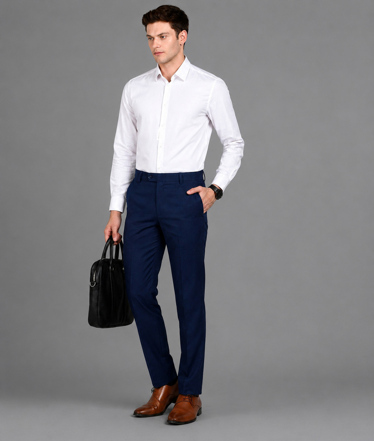 Image of YADGAR Men Regular Fit Dark Blue Polycotton Trousers