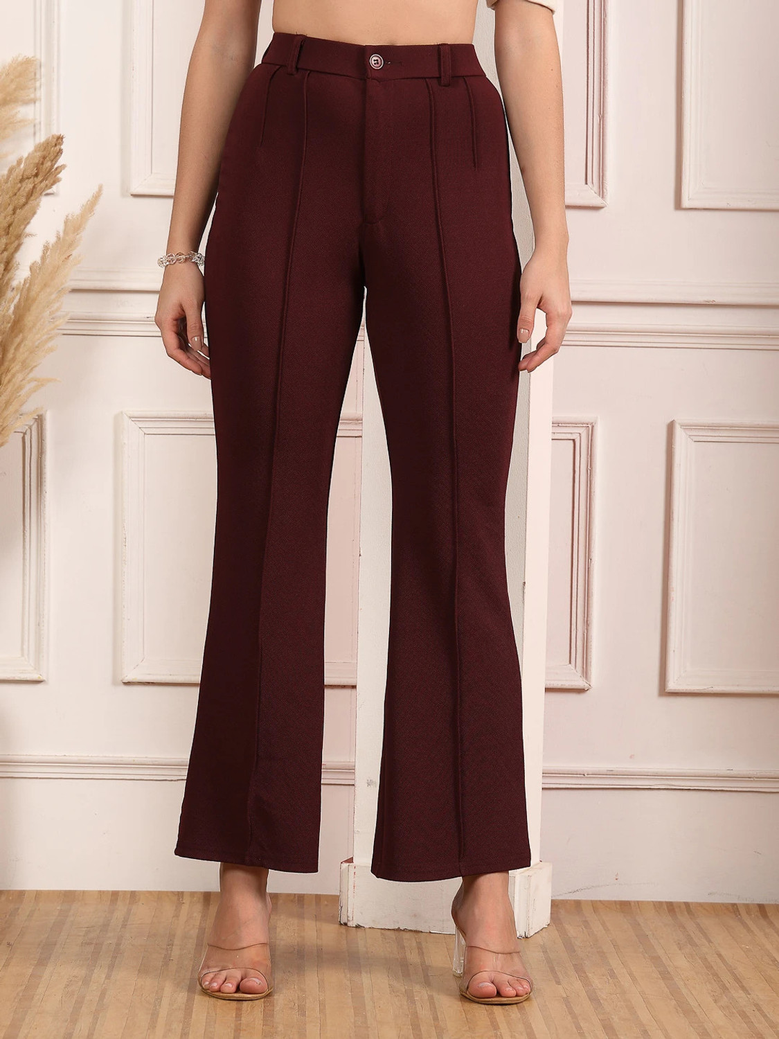 Image of NNIFA Women Relaxed Maroon Polyester Trousers