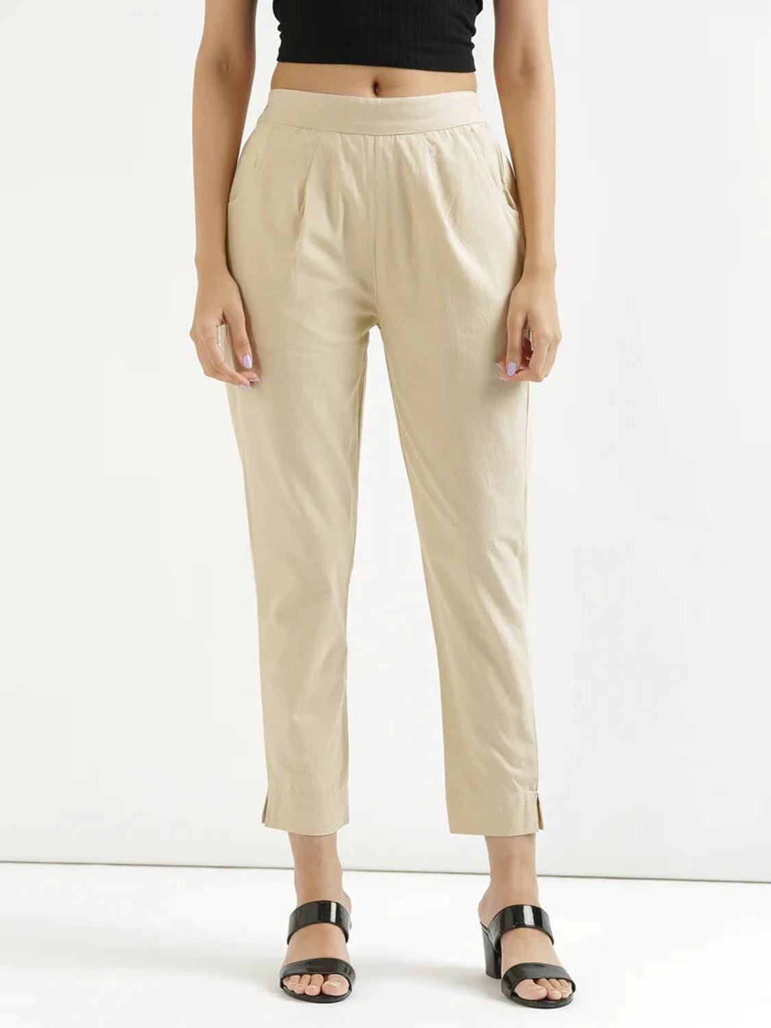 Image of AATTIREE VALLEY Women Regular Fit White Cotton Blend Trousers