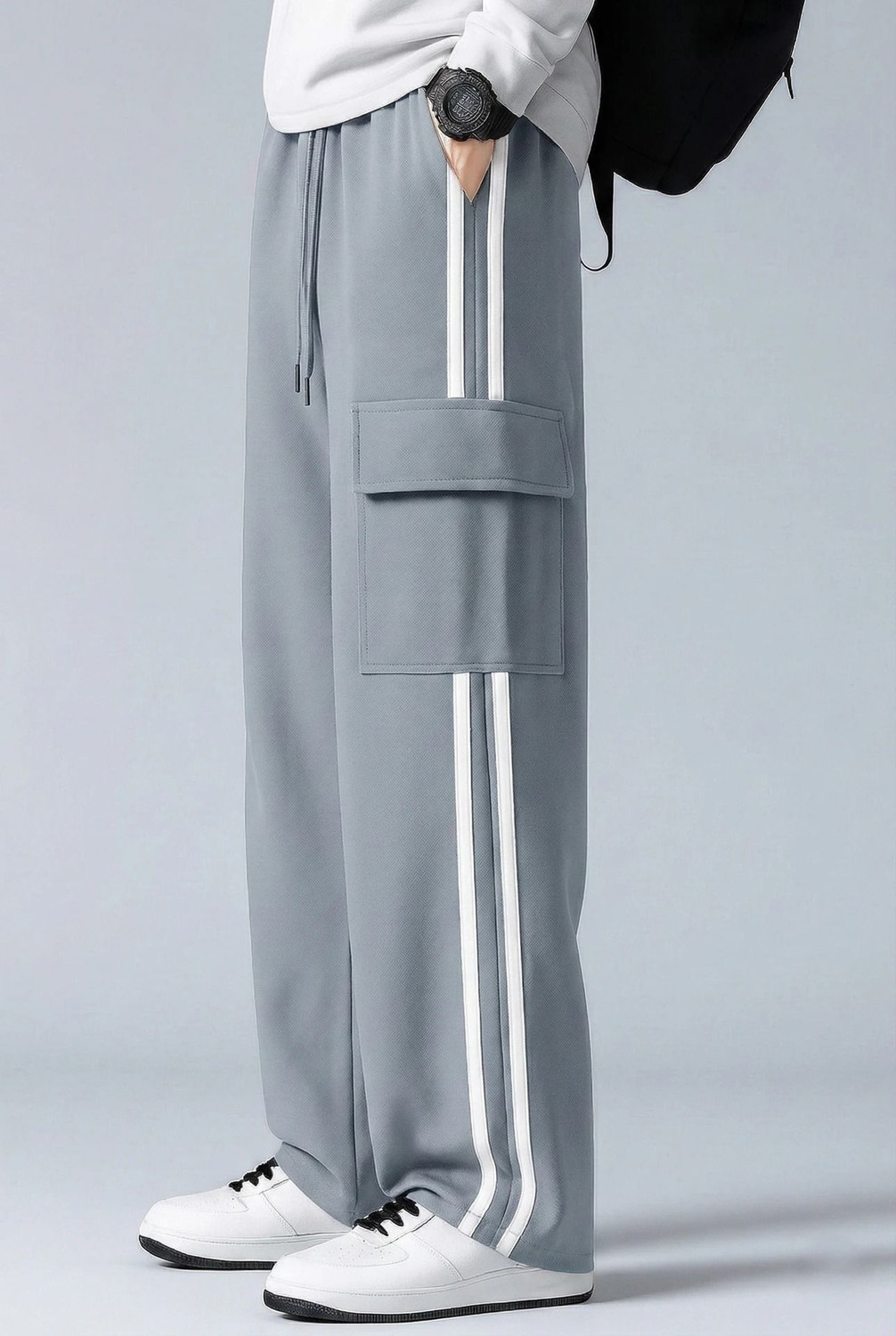 Image of COMBRAIDED Men Loose Fit Silver Lycra Blend Trousers