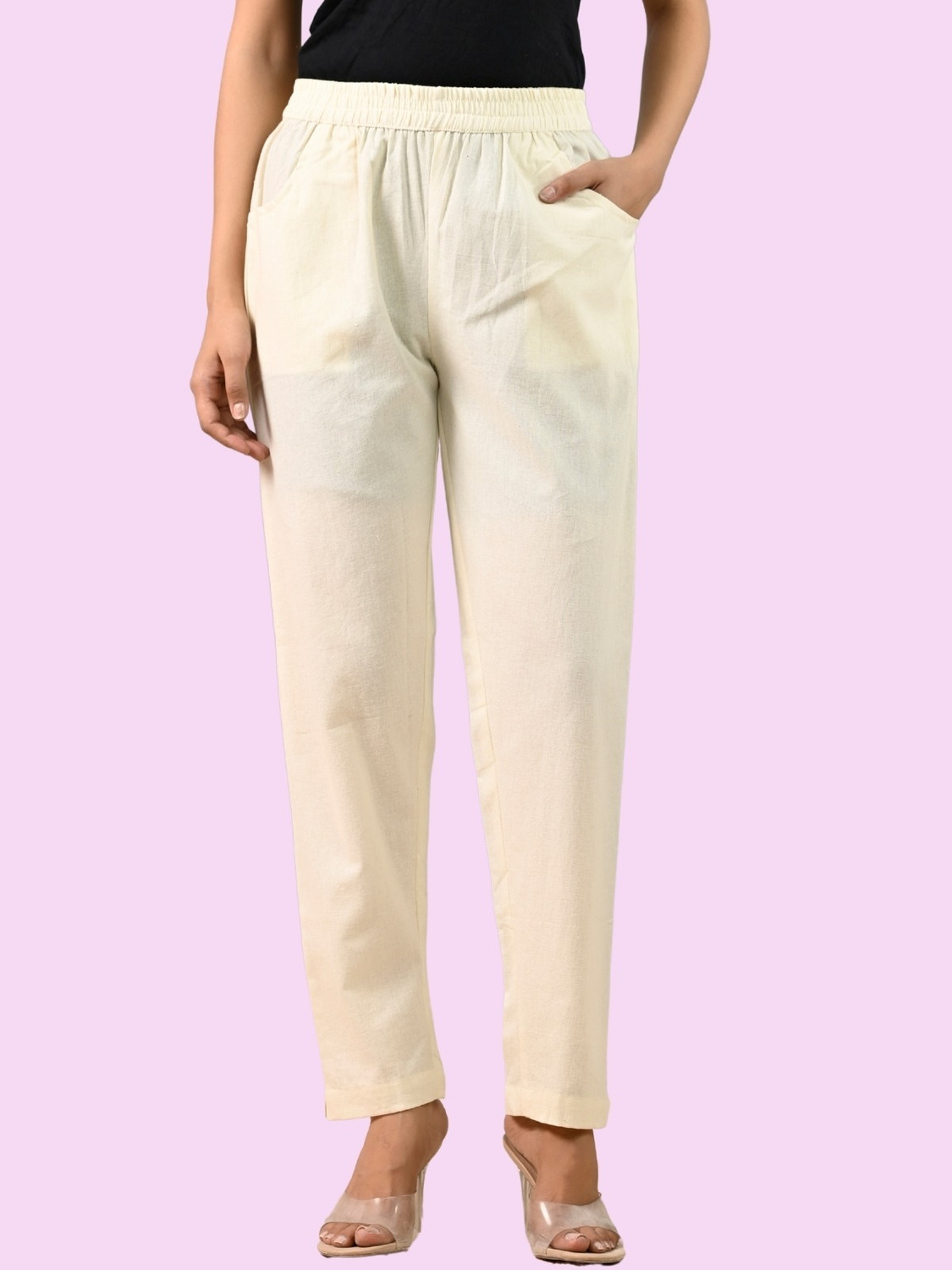 Image of AATTIREE VALLEY Women Regular Fit White Cotton Blend Trousers