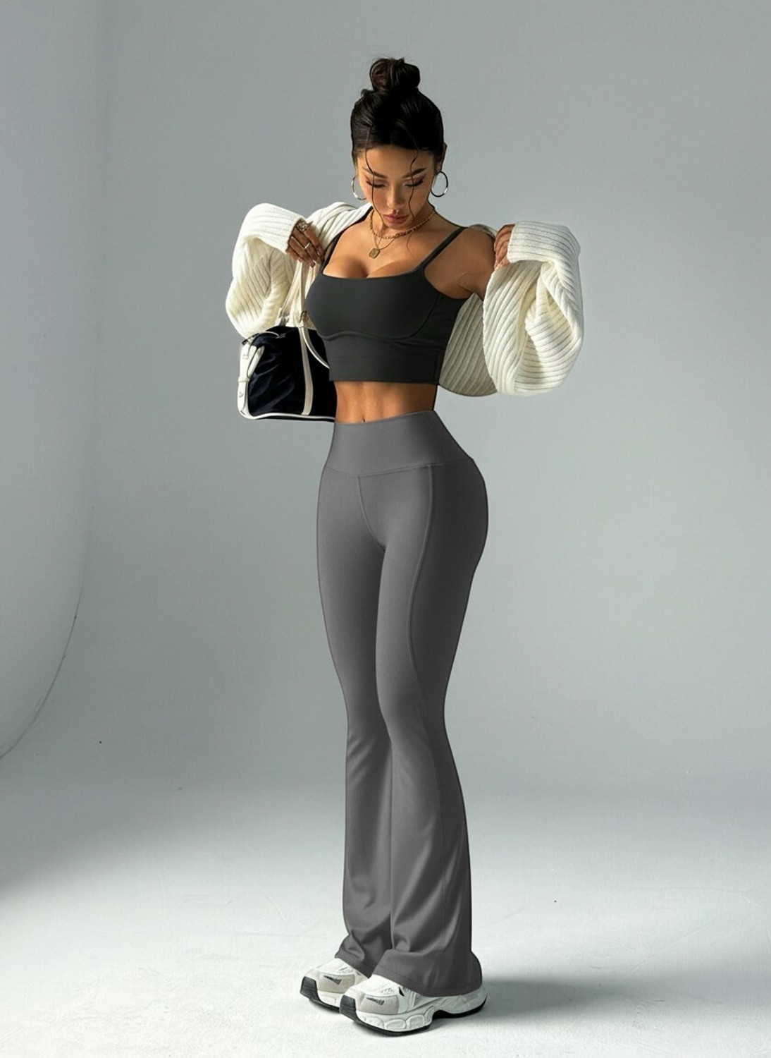 Image of L Fashion Fashion Women Flared Grey Polyester Trousers