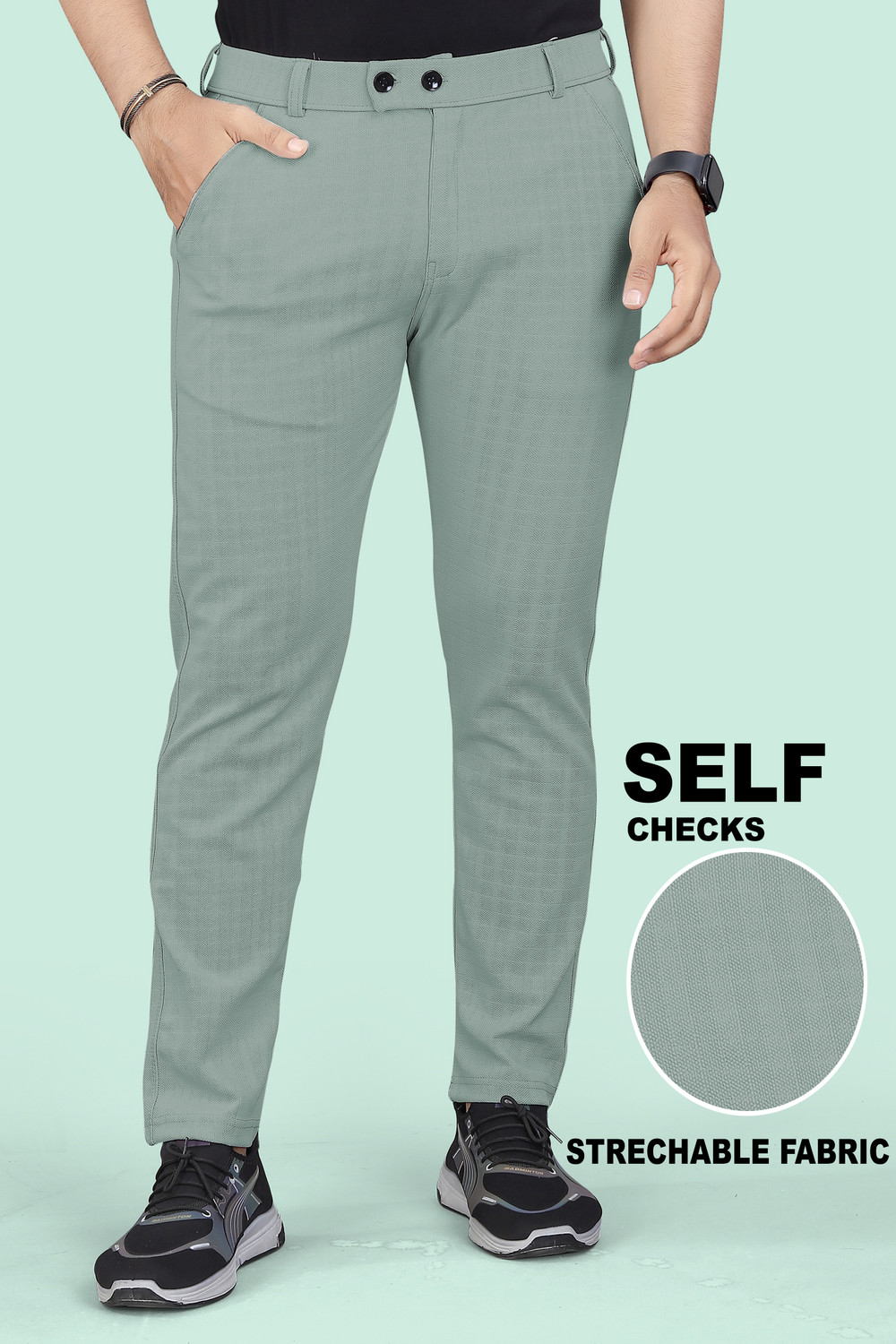 Image of COMBRAIDED Men Slim Fit Grey Lycra Blend Trousers