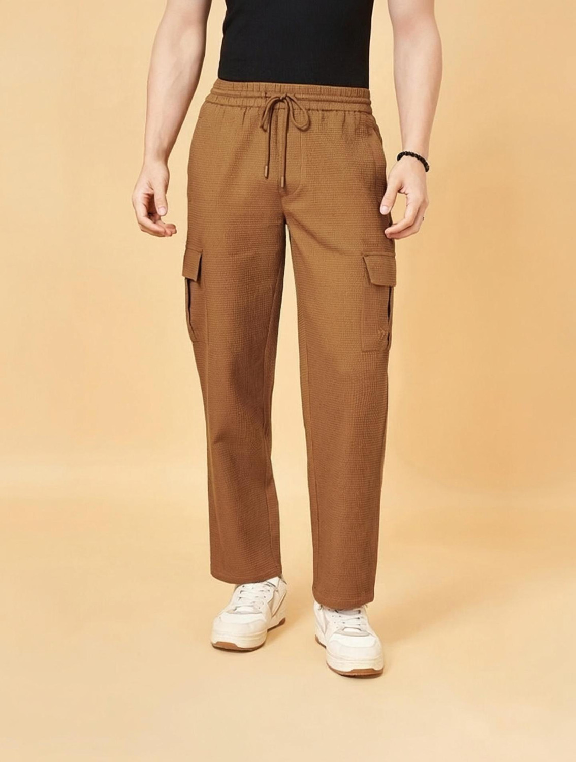 Image of COMBRAIDED Men Loose Fit Beige Corduroy Trousers
