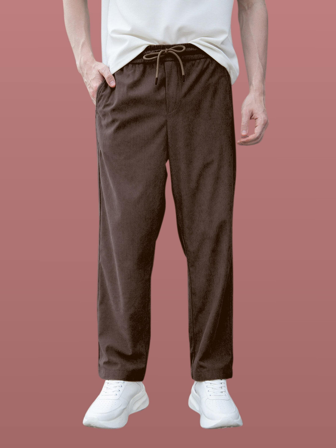 Image of COMBRAIDED Men Loose Fit Beige Corduroy Trousers