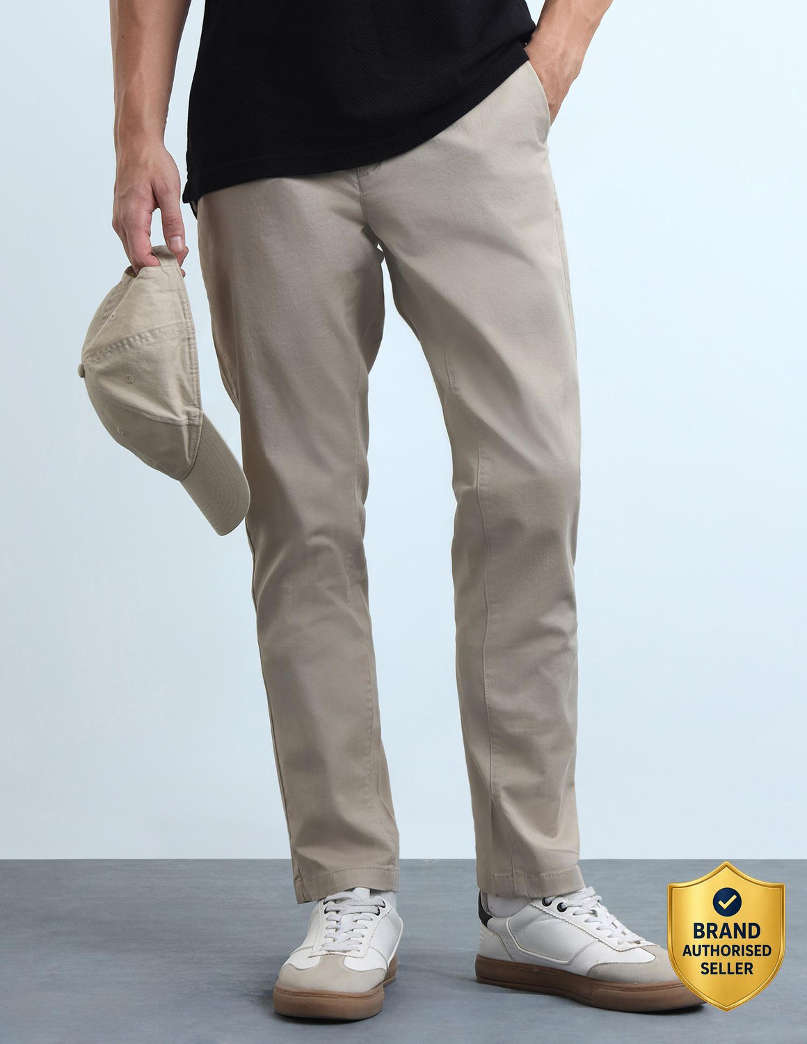 Image of FLYING MACHINE Men Tapered Brown Cotton Blend Trousers