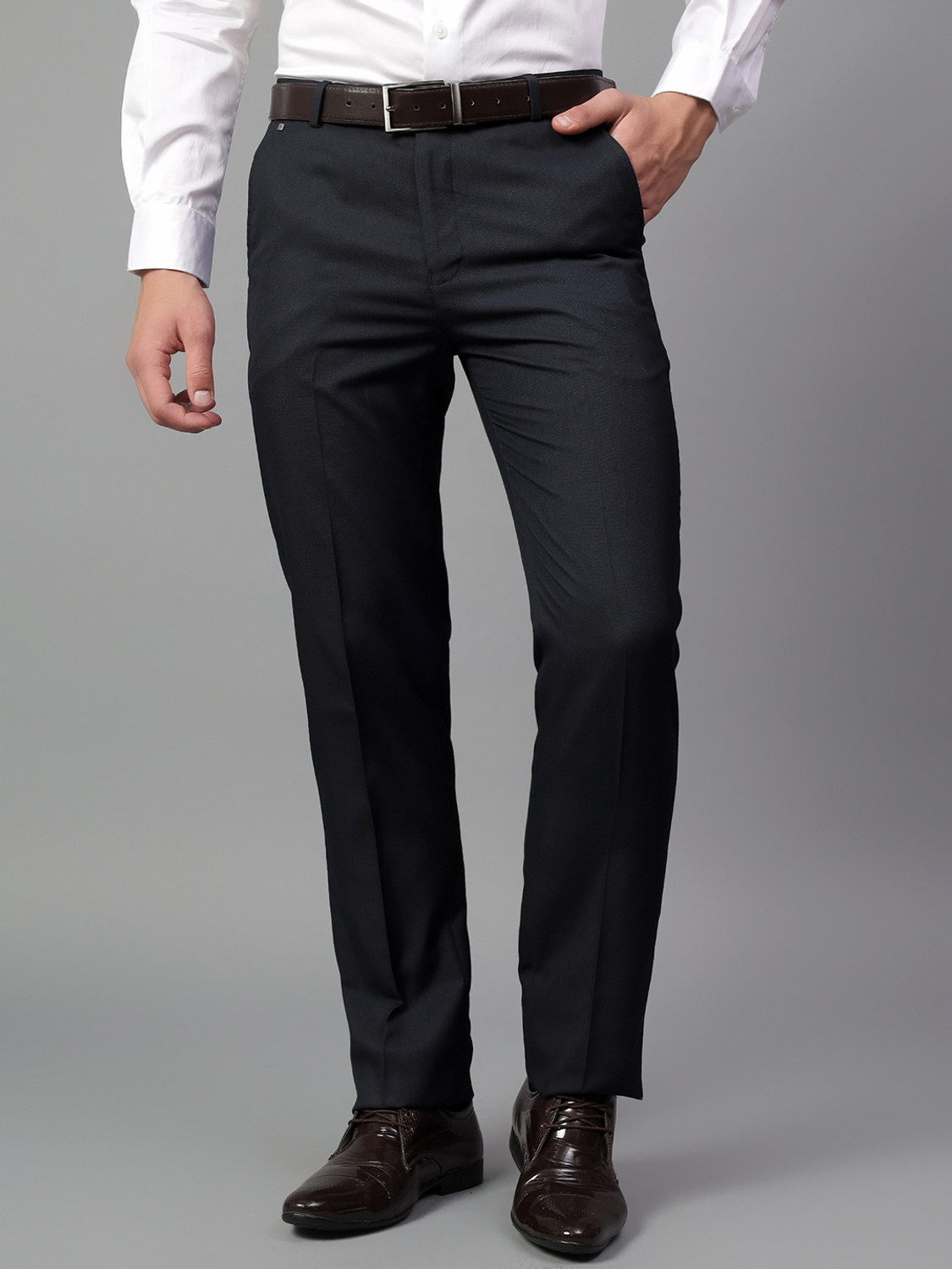 Image of CANTABIL Men Regular Fit Dark Blue Cotton Blend Trousers