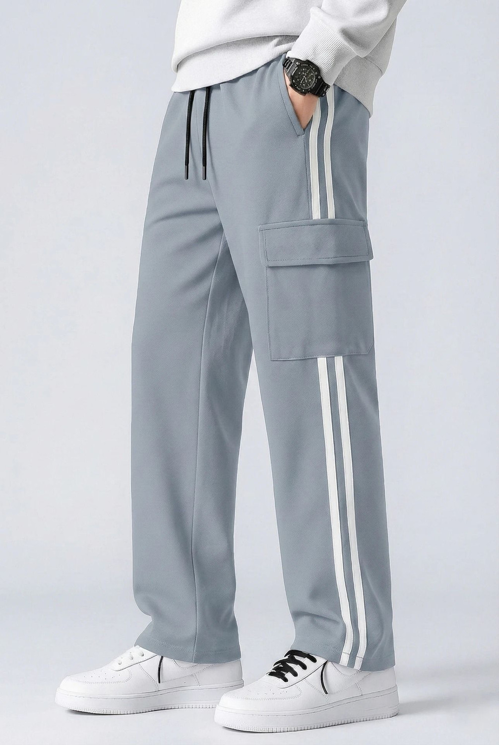 Image of COMBRAIDED Men Loose Fit Silver Lycra Blend Trousers