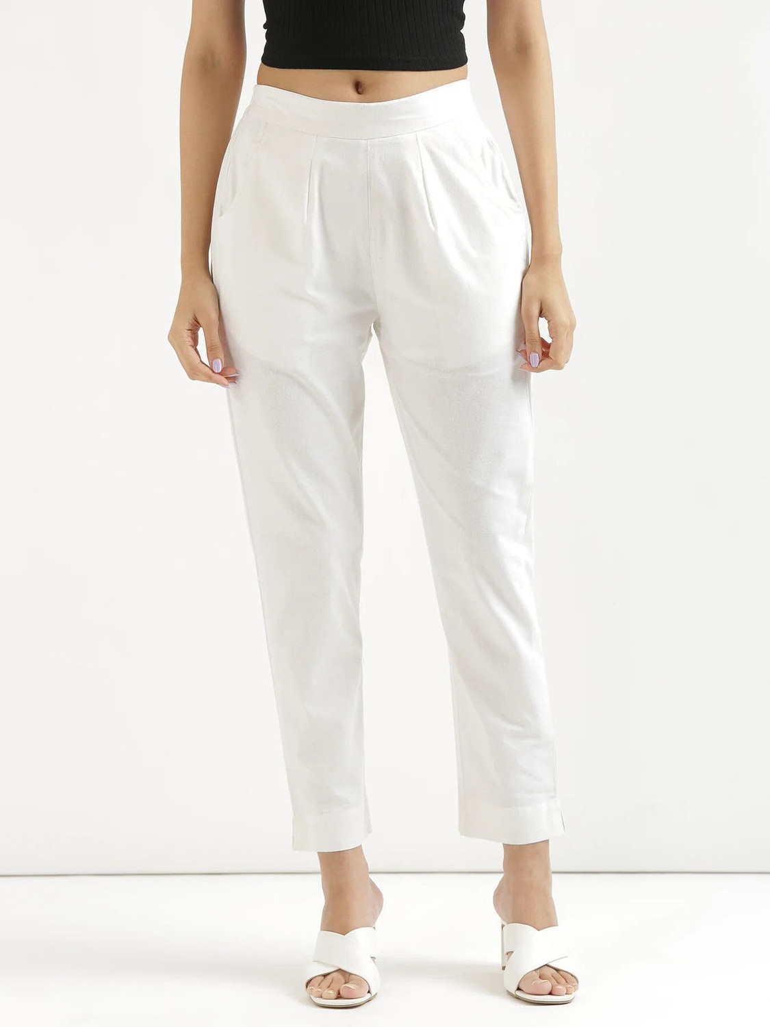 Image of AATTIREE VALLEY Women Regular Fit White Cotton Blend Trousers