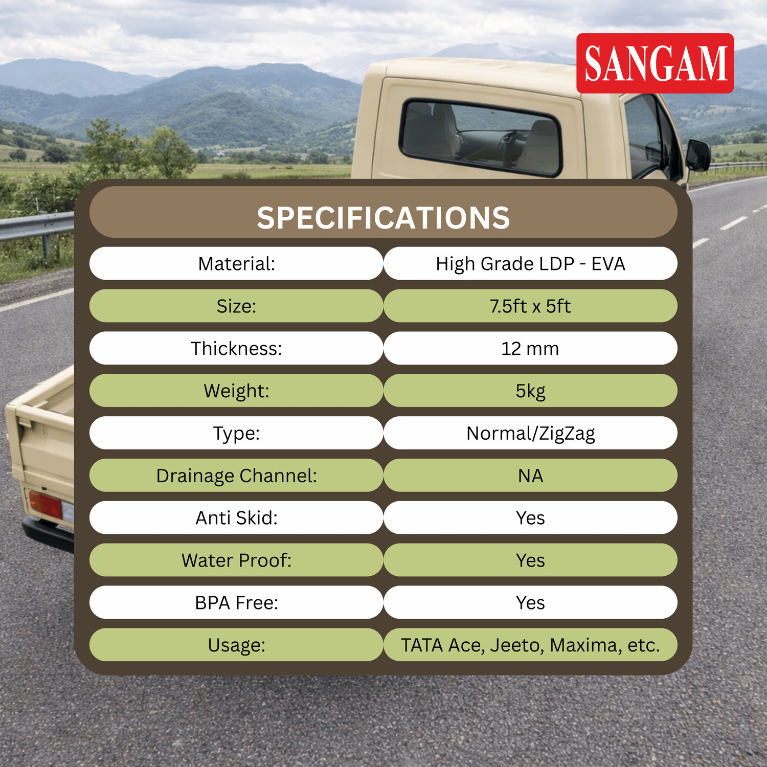 Image of SANGAM Auto mat (Tata Ace, Jeeto, Maxximo) 7.5ft x 5ft ZigZag Trunk Mat Liner (Pack of 1)