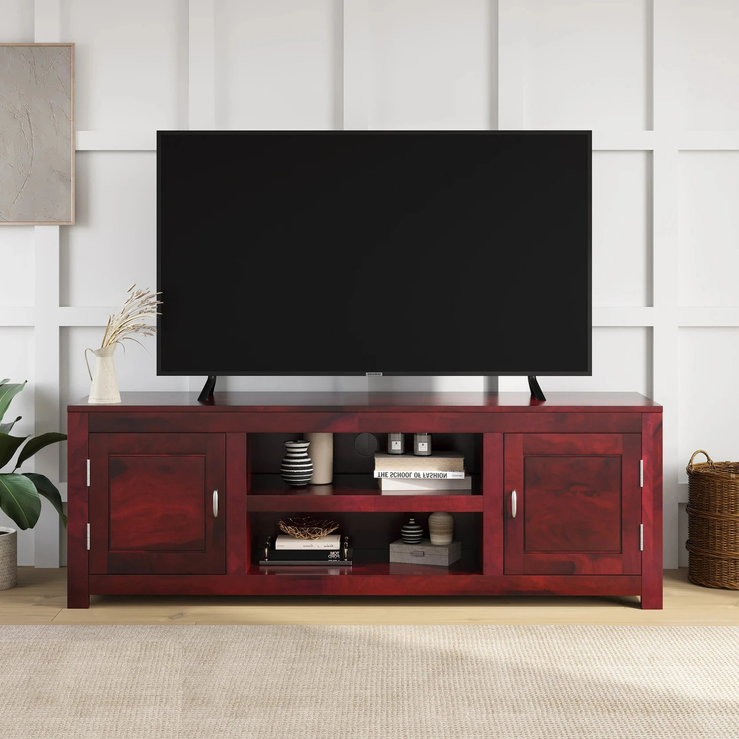 Image of Shree Jeen Mata Enterprises Solid Wood TV Cabinet|Wooden TV Rack|Sheesham Wood TV Entertainment Unit|TV Rack Solid Wood TV Entertainment Unit (Finish Color - Honey Teak, Pre-assembled)