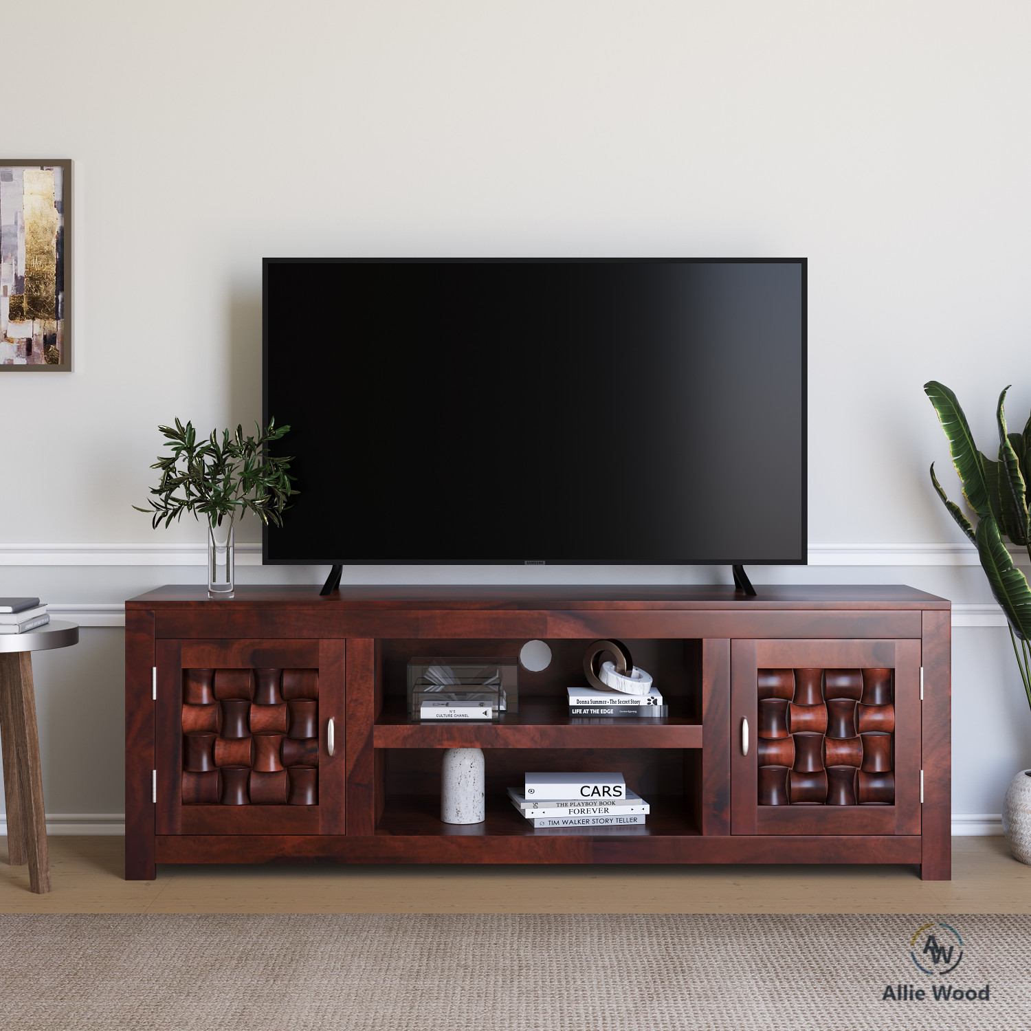 Image of Shree Jeen Mata Enterprises Solid Wood TV Cabinet|Wooden TV Rack|Sheesham Wood TV Entertainment Unit|TV Rack Solid Wood TV Entertainment Unit (Finish Color - Honey Teak, Pre-assembled)