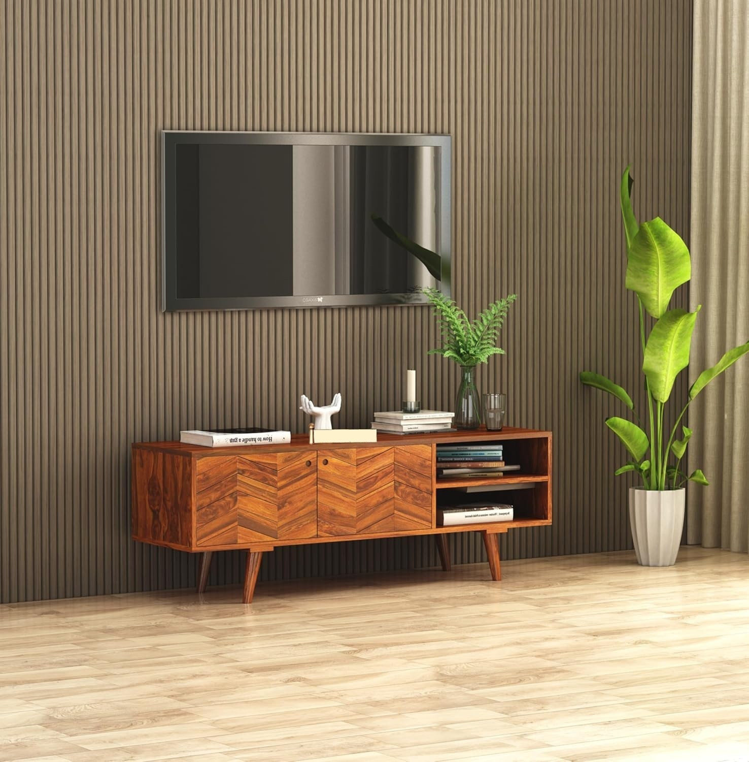 Image of Shree Jeen Mata Enterprises Solid Wood TV Cabinet|Wooden TV Rack|Sheesham Wood TV Entertainment Unit|TV Rack Solid Wood TV Entertainment Unit (Finish Color - Honey Teak, Pre-assembled)