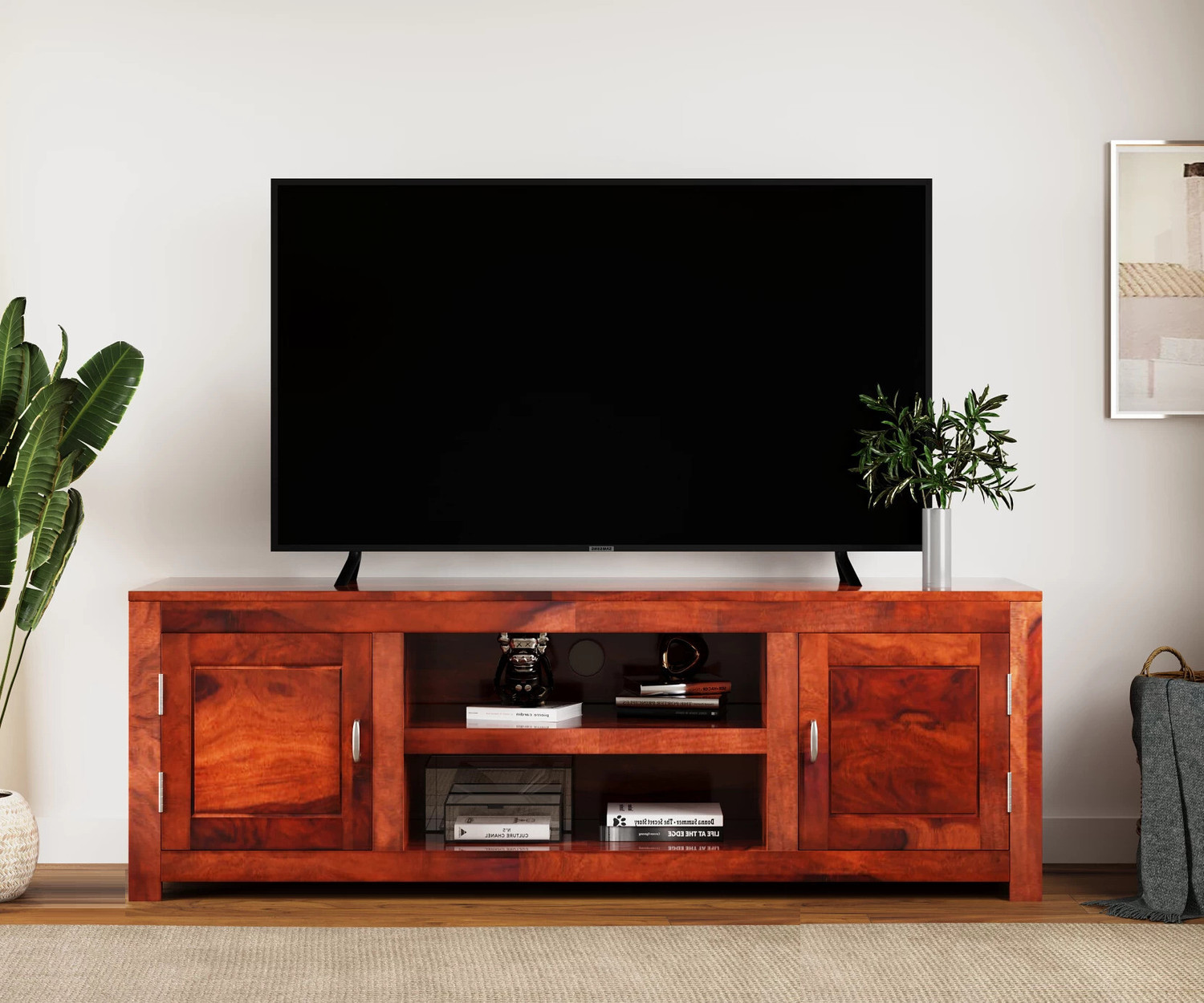 Image of Shree Jeen Mata Enterprises Solid Wood TV Cabinet|Wooden TV Rack|Sheesham Wood TV Entertainment Unit|TV Rack Solid Wood TV Entertainment Unit (Finish Color - Honey Teak, Pre-assembled)