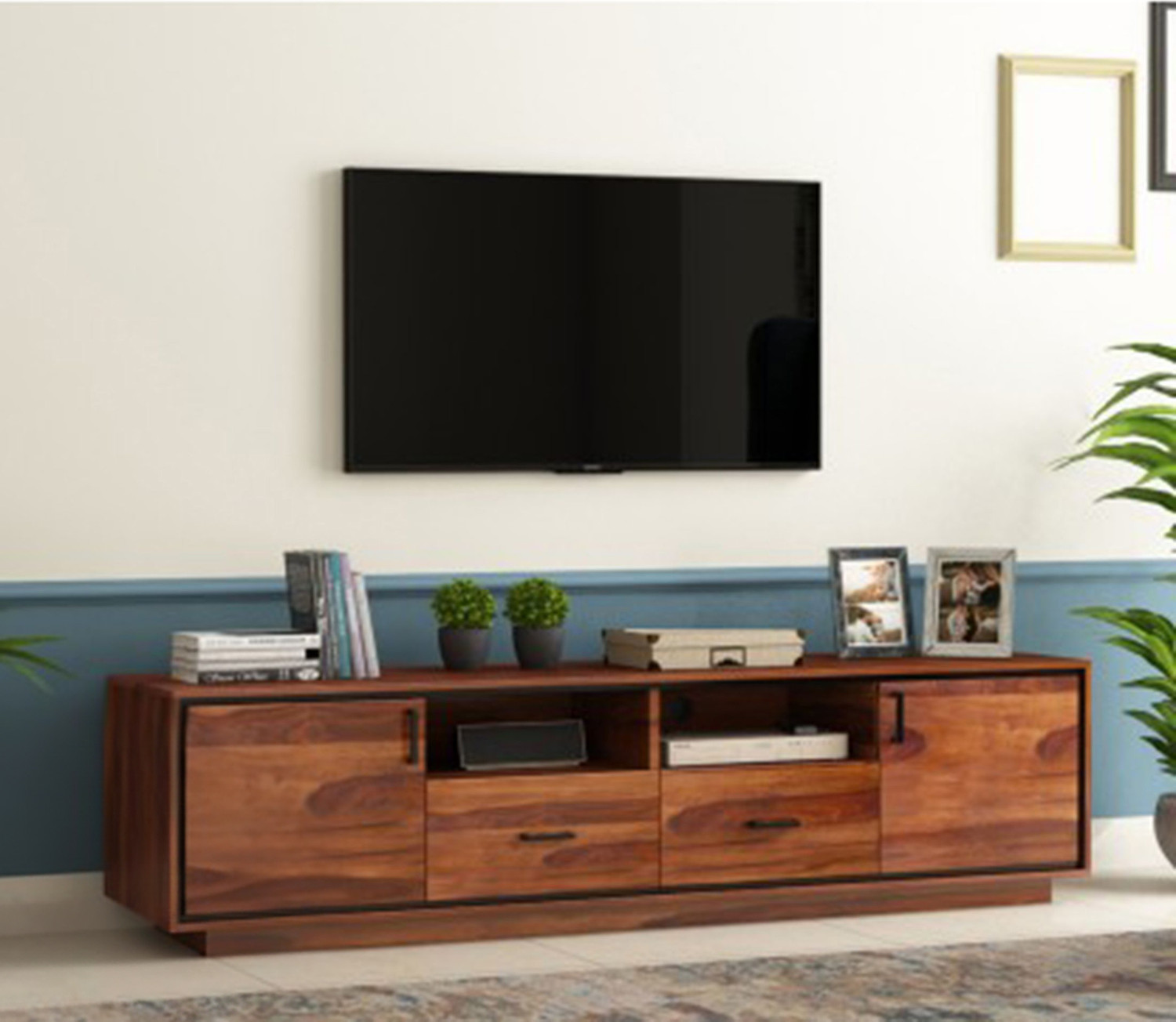 Image of Shree Jeen Mata Enterprises Solid Wood TV Cabinet|Wooden TV Rack|Sheesham Wood TV Entertainment Unit|TV Rack Solid Wood TV Entertainment Unit (Finish Color - Honey Teak, Pre-assembled)