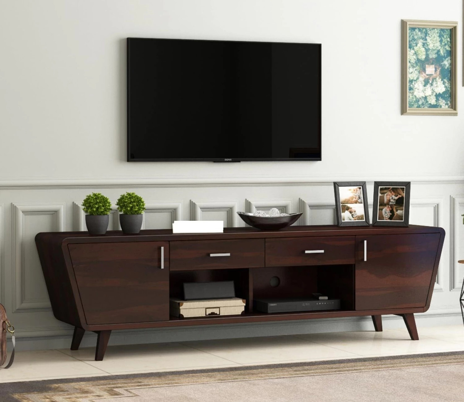 Image of Shree Jeen Mata Enterprises Solid Wood TV Cabinet|Wooden TV Rack|Sheesham Wood TV Entertainment Unit|TV Rack Solid Wood TV Entertainment Unit (Finish Color - Honey Teak, Pre-assembled)