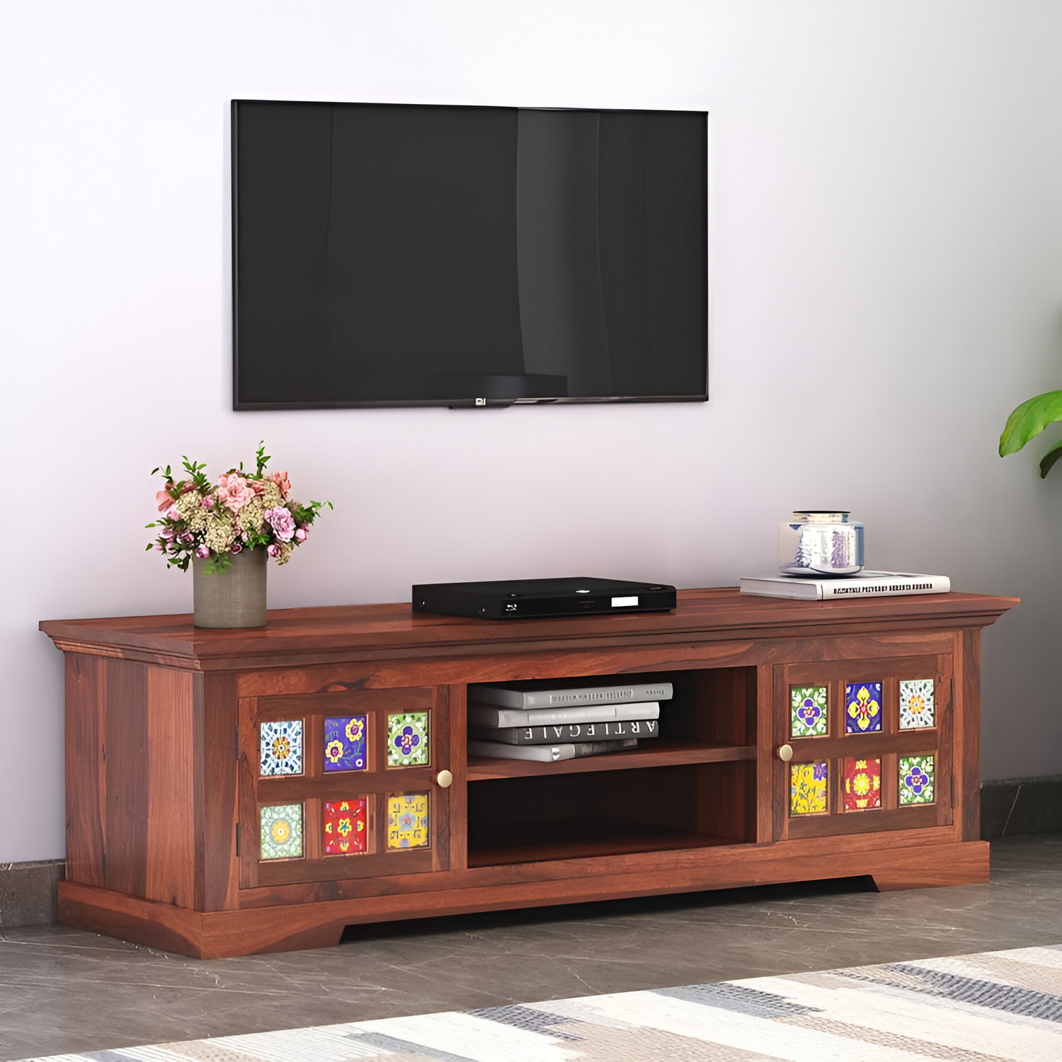 Image of Shree Jeen Mata Enterprises Solid Wood TV Cabinet|Wooden TV Rack|Sheesham Wood TV Entertainment Unit|TV Rack Solid Wood TV Entertainment Unit (Finish Color - Honey Teak, Pre-assembled)