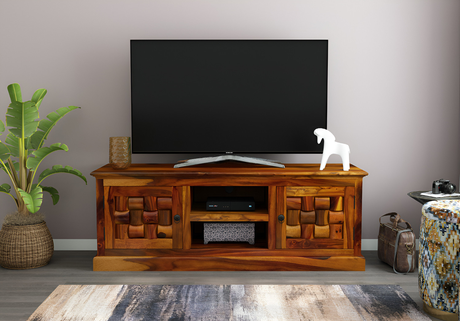 Image of Shree Jeen Mata Enterprises Solid Wood TV Cabinet|Wooden TV Rack|Sheesham Wood TV Entertainment Unit|TV Rack Solid Wood TV Entertainment Unit (Finish Color - Honey Teak, Pre-assembled)