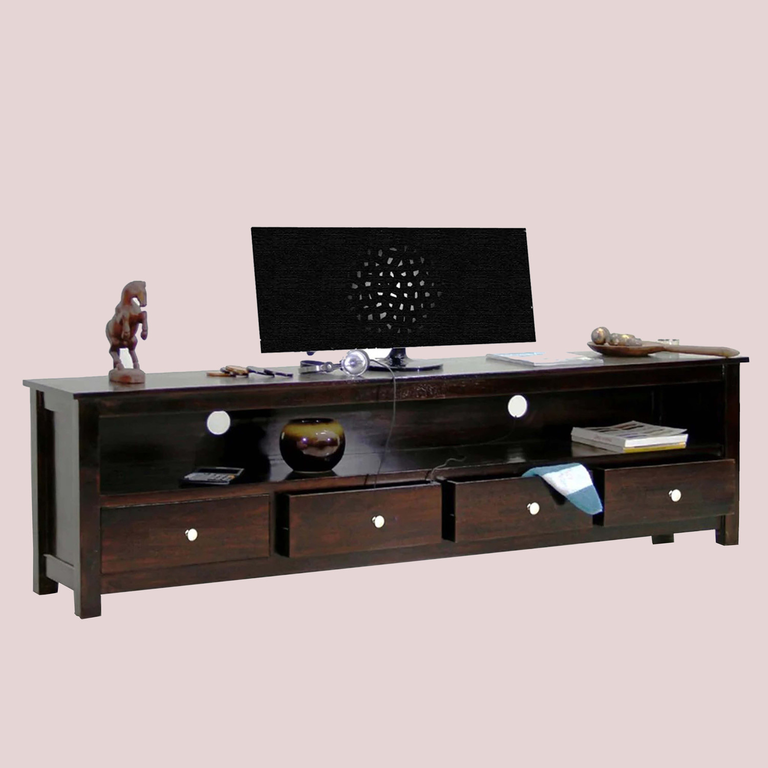 Image of Shree Jeen Mata Enterprises Solid Wood TV Cabinet|Wooden TV Rack|Sheesham Wood TV Entertainment Unit|TV Rack Solid Wood TV Entertainment Unit (Finish Color - Honey Teak, Pre-assembled)