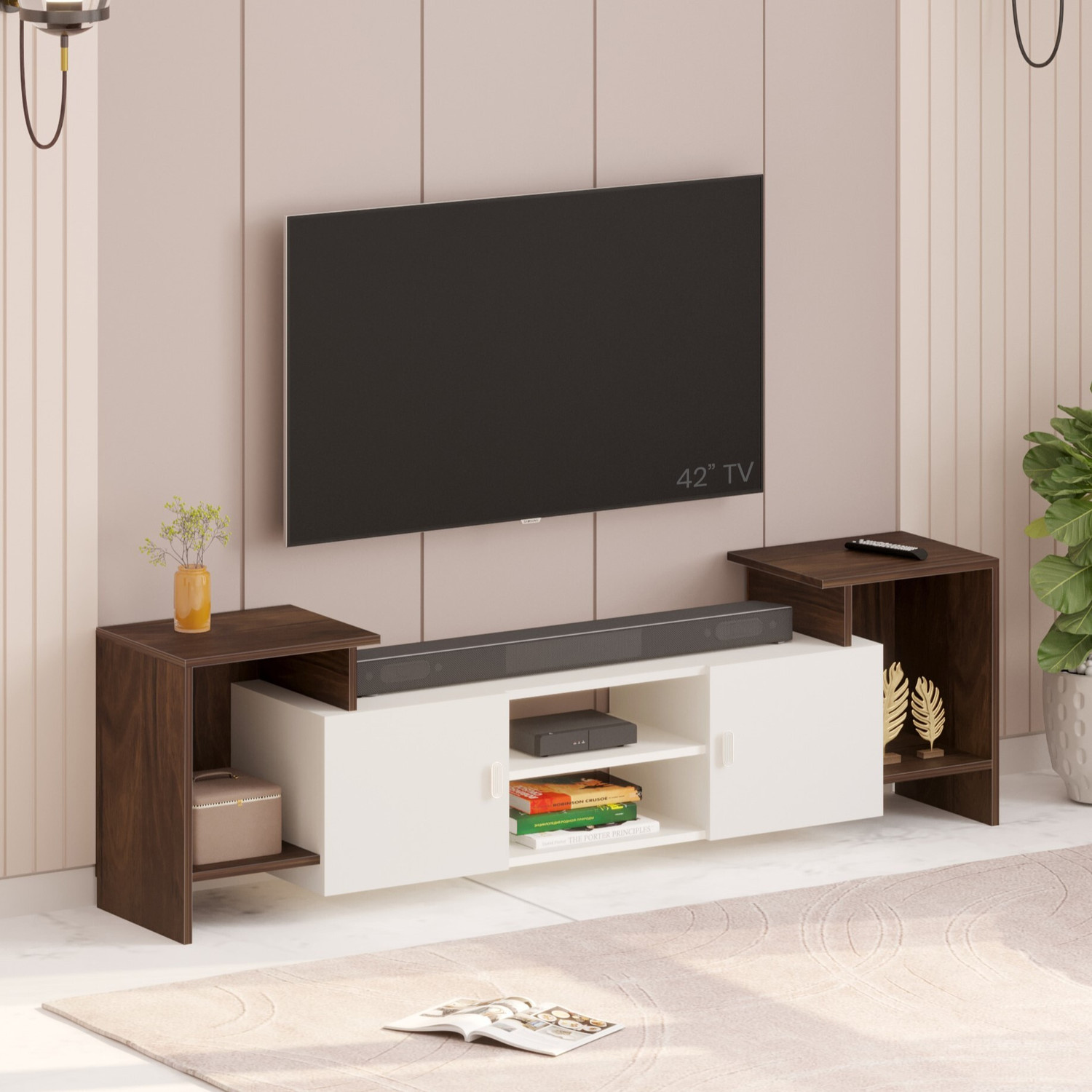 Image of BLUEWUD Engineered Wood TV Entertainment Unit (Finish Color - Brown Maple & White, DIY(Do-It-Yourself))