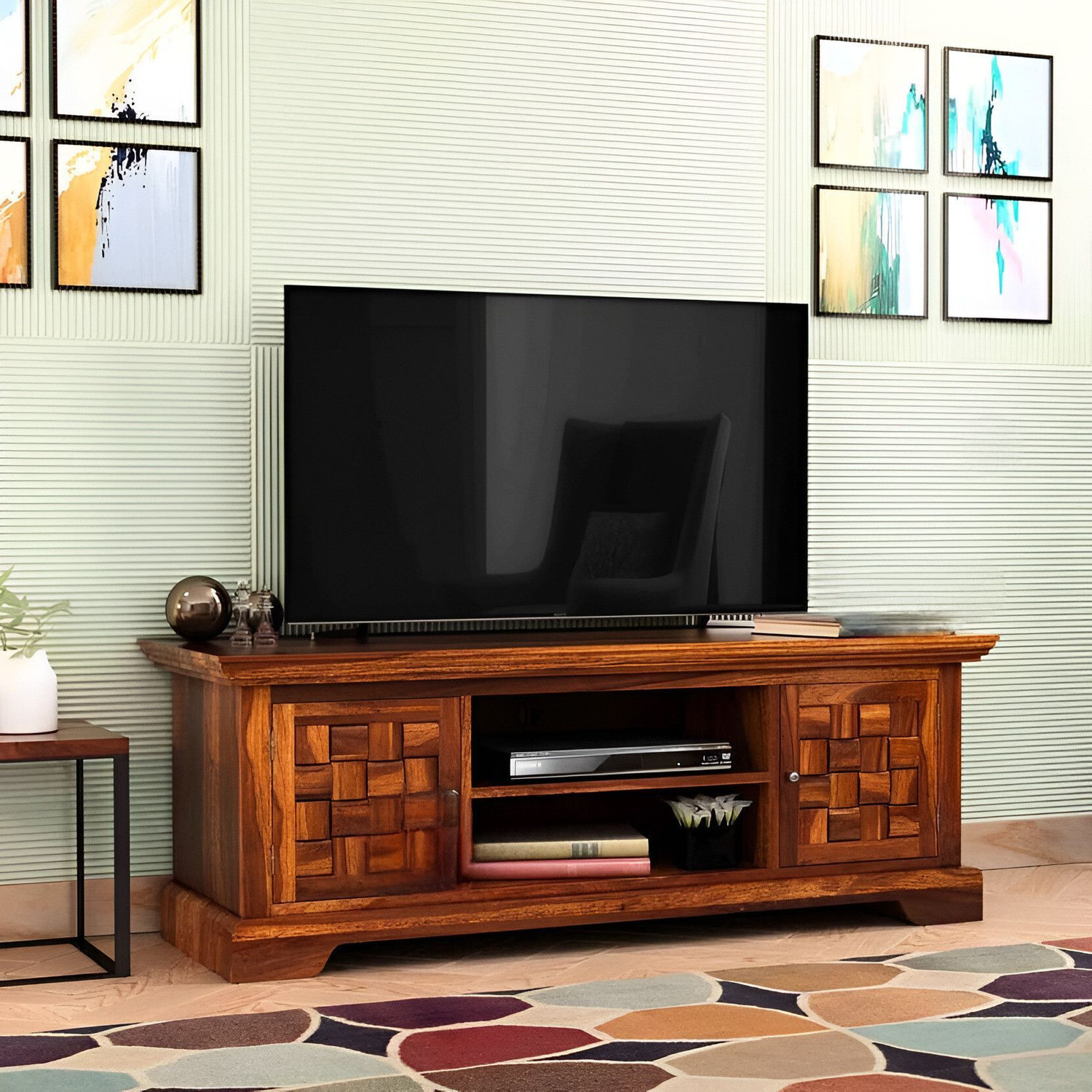 Image of Shree Jeen Mata Enterprises Solid Wood TV Cabinet|Wooden TV Rack|Sheesham Wood TV Entertainment Unit|TV Rack Solid Wood TV Entertainment Unit (Finish Color - Honey Teak, Pre-assembled)