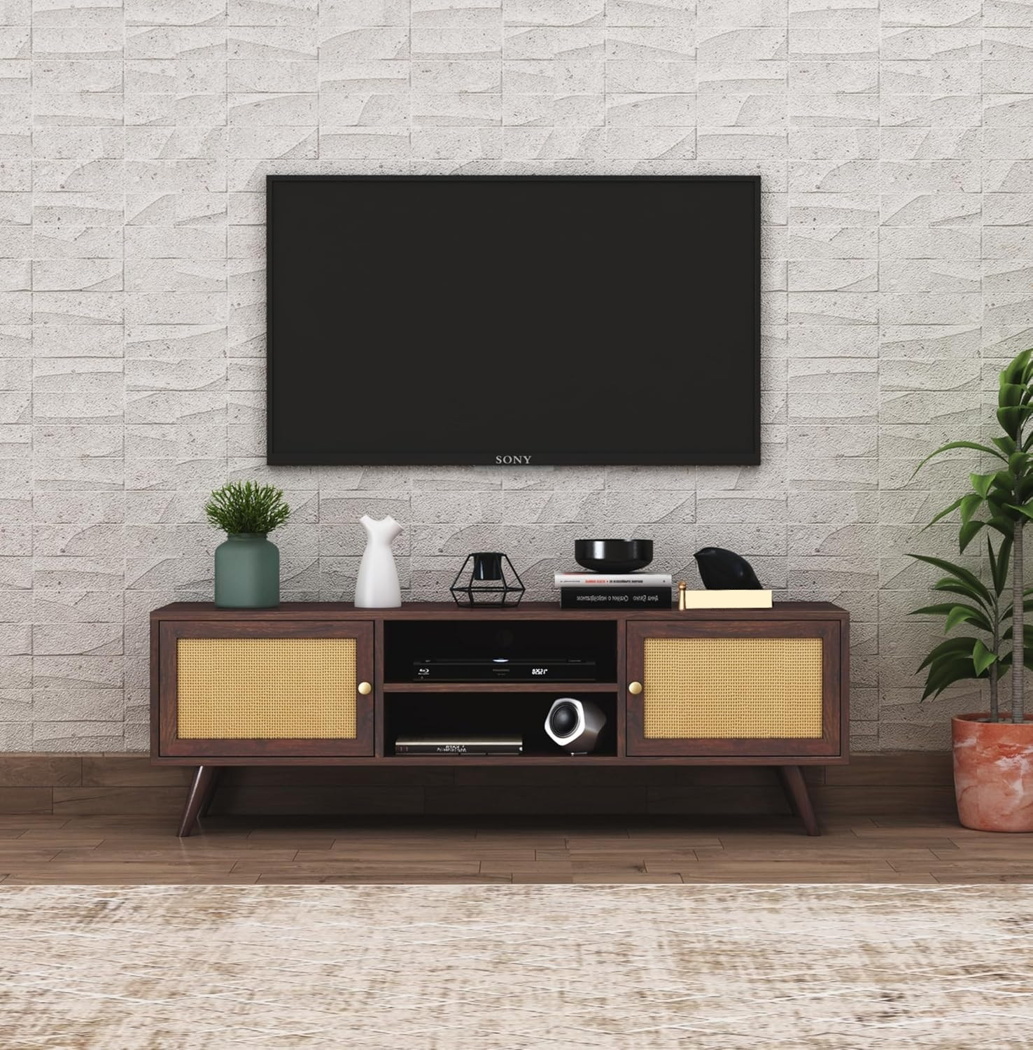 Image of Shree Jeen Mata Enterprises Solid Wood TV Cabinet|Wooden TV Rack|Sheesham Wood TV Entertainment Unit|TV Rack Solid Wood TV Entertainment Unit (Finish Color - Honey Teak, Pre-assembled)