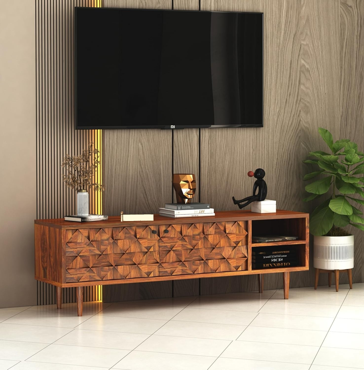 Image of Shree Jeen Mata Enterprises Solid Wood TV Cabinet|Wooden TV Rack|Sheesham Wood TV Entertainment Unit|TV Rack Solid Wood TV Entertainment Unit (Finish Color - Honey Teak, Pre-assembled)
