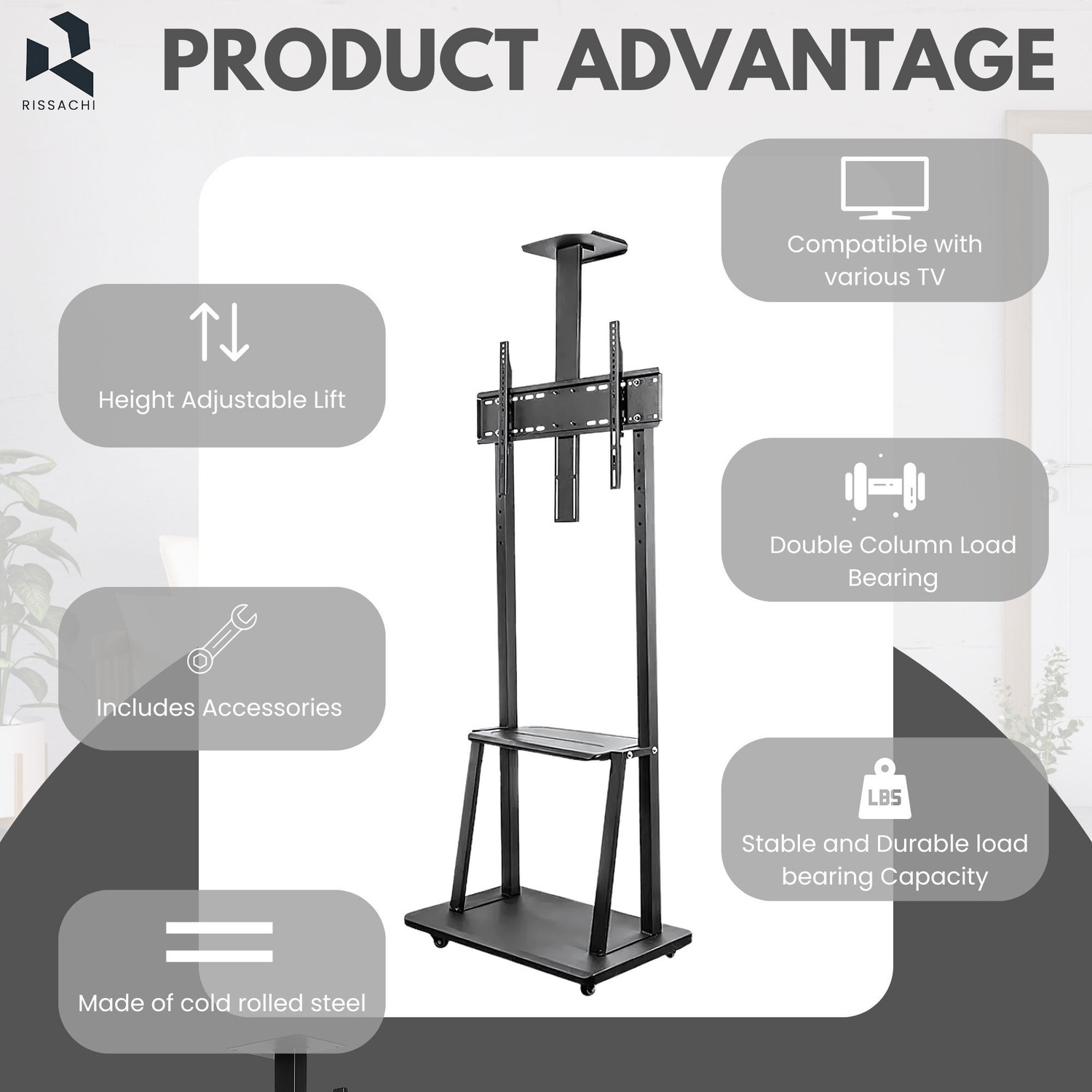 Image of RISSACHI TV Trolley Stand Movable 32-75 Inch with Wheels, LED TV Floor Stand, 3 Shelves Full Motion TV Mount