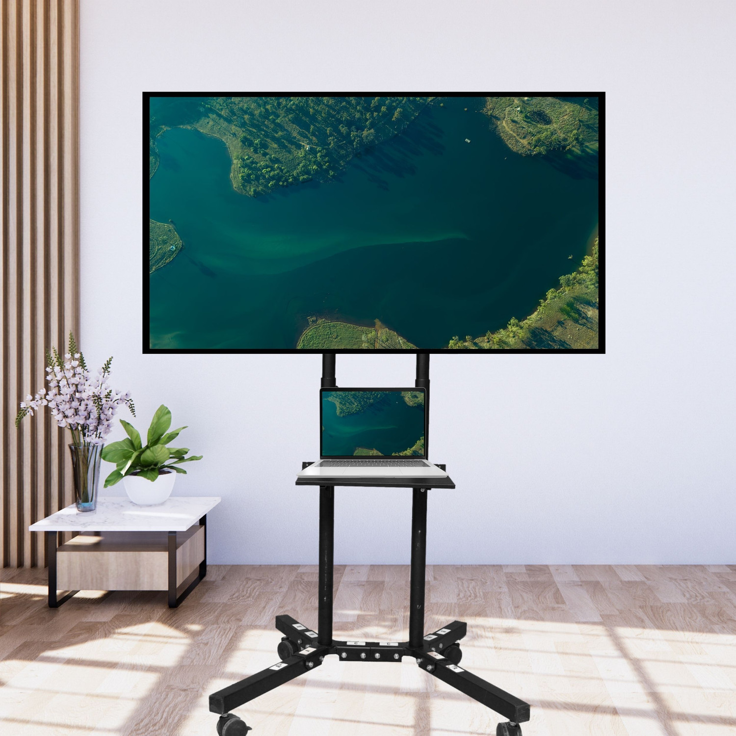 Image of RISSACHI TV Trolley Stand Movable 32-75 Inch with Wheels, LED TV Floor Stand, 3 Shelves Full Motion TV Mount