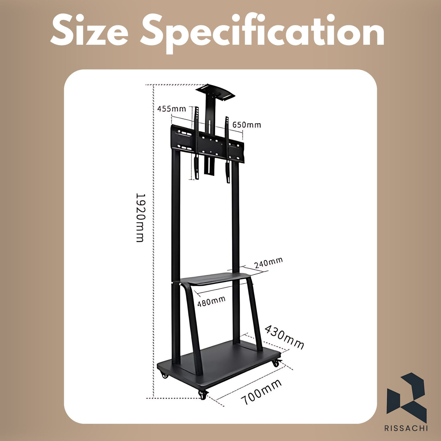Image of RISSACHI TV Trolley Stand Movable 32-75 Inch with Wheels, LED TV Floor Stand, 3 Shelves Full Motion TV Mount
