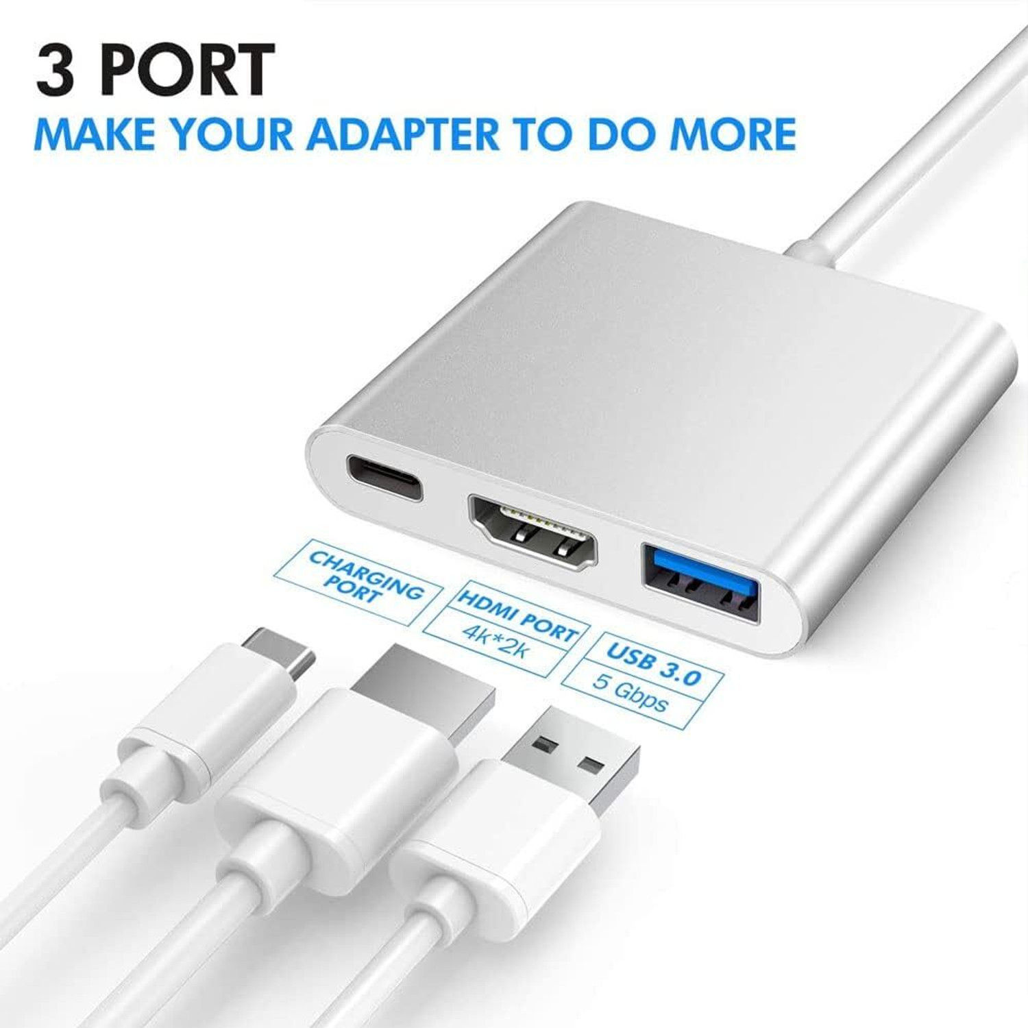 Image of LipiWorld TV-out Cable 3 in 1 Hub Type C to HDMI+USB 3.0+USB-C Charging Port (Silver, For Laptop)