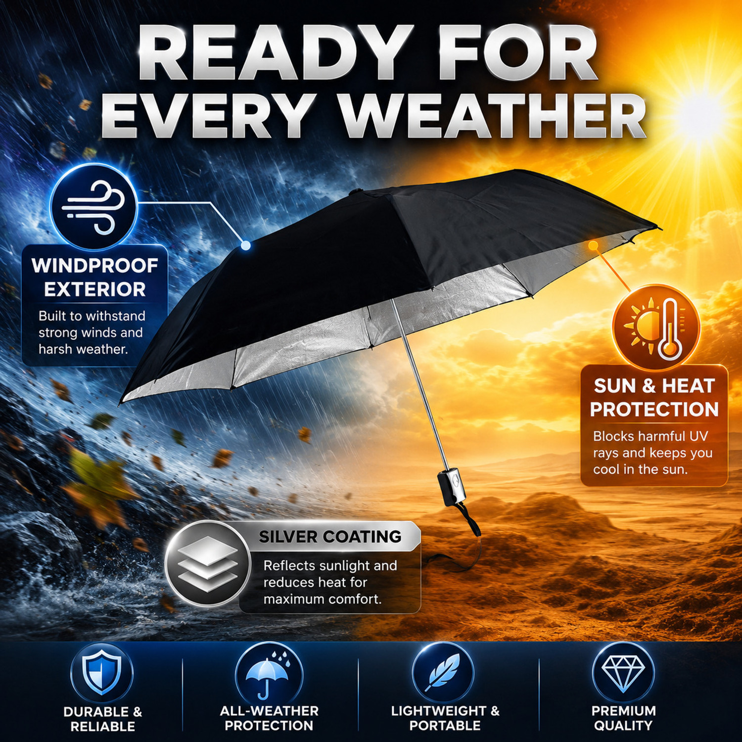 Image of BGAUTO Black Guard Automatic Open 3 Fold Umbrella with Cover Sun & Rain Protection Umbrella (Black)