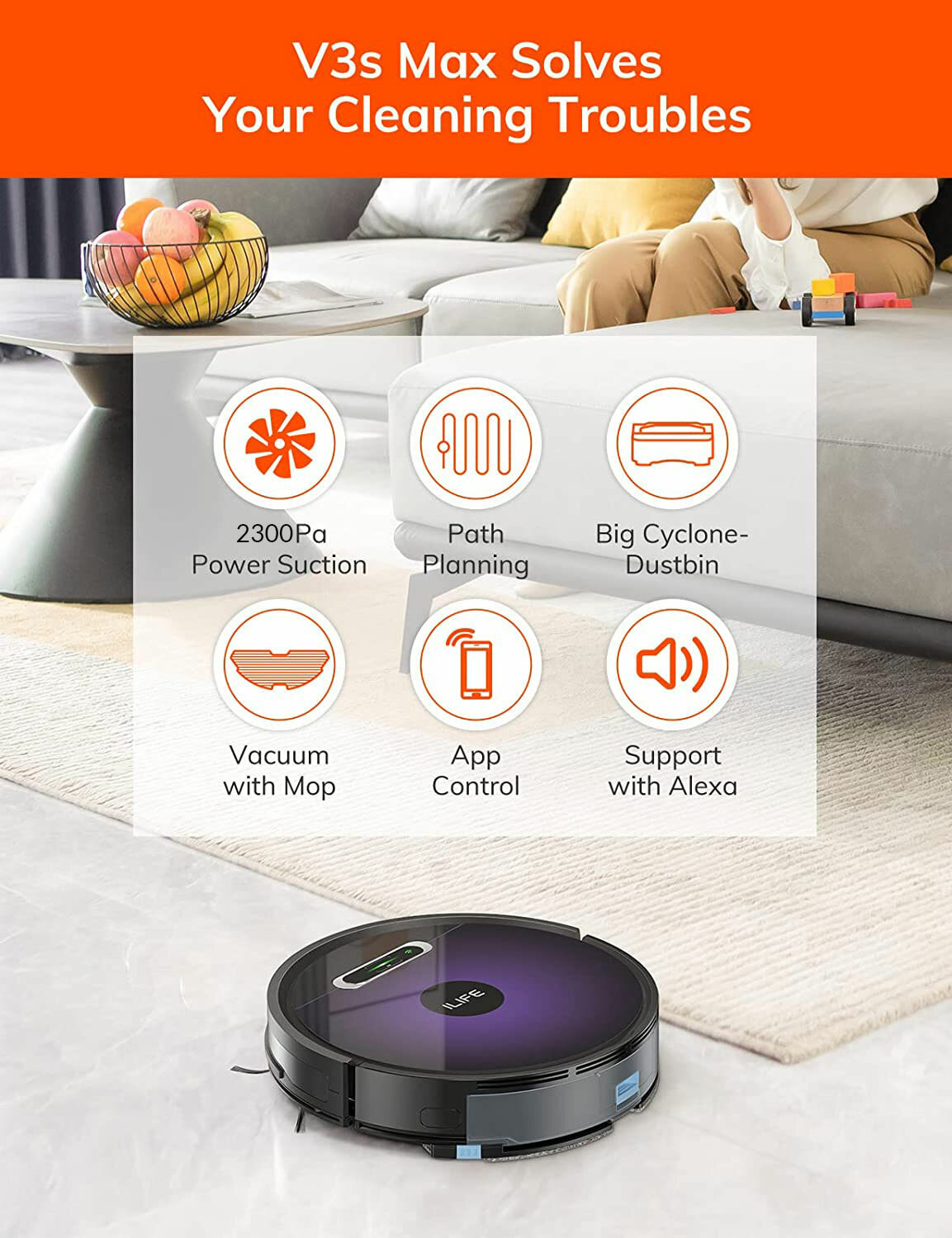 Image of ILIFE V3s Max 2 in 1 Robot Vacuum and Mop with Smart Gyro Path Planning, Max@2300Pa Robotic Floor Cleaner with Reusable Dust Bag, 2 in 1 Mopping and Vacuum, Anti-Bacterial Cleaning (WiFi Connectivity, Google Assistant and Alexa)