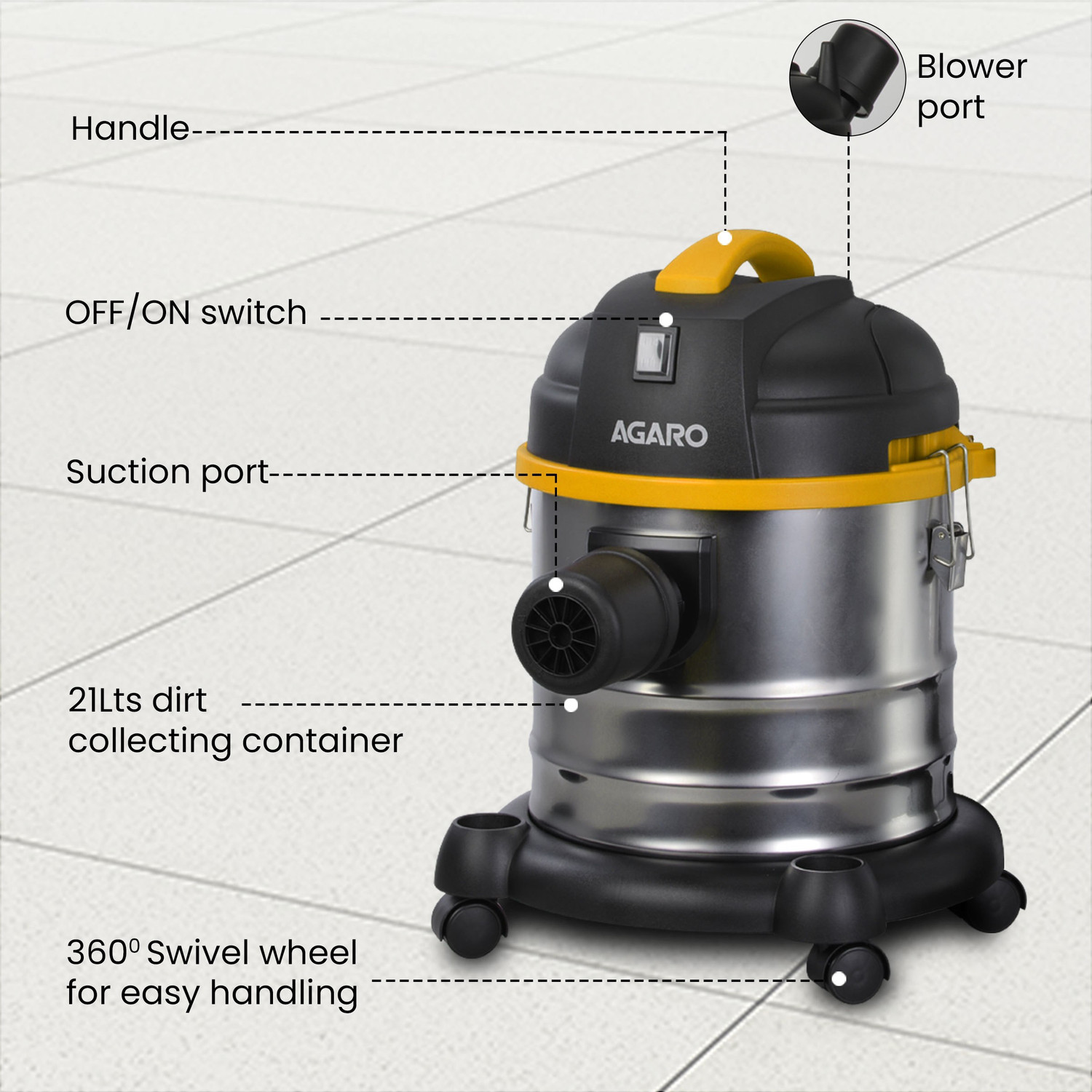 Image of AGARO Ace 1600W Wet & Dry Vacuum Cleaner with Reusable Dust Bag