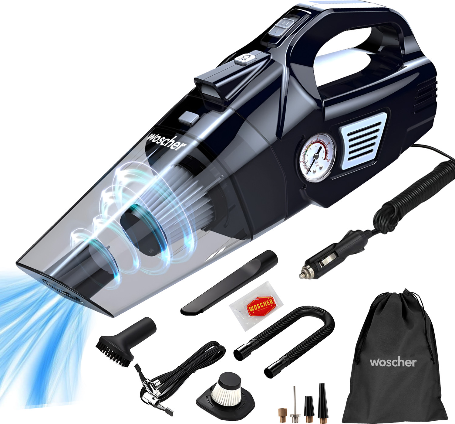 Woscher 578, 2in1 Portable Air Compressor Tyre Inflator with Car Vacuu