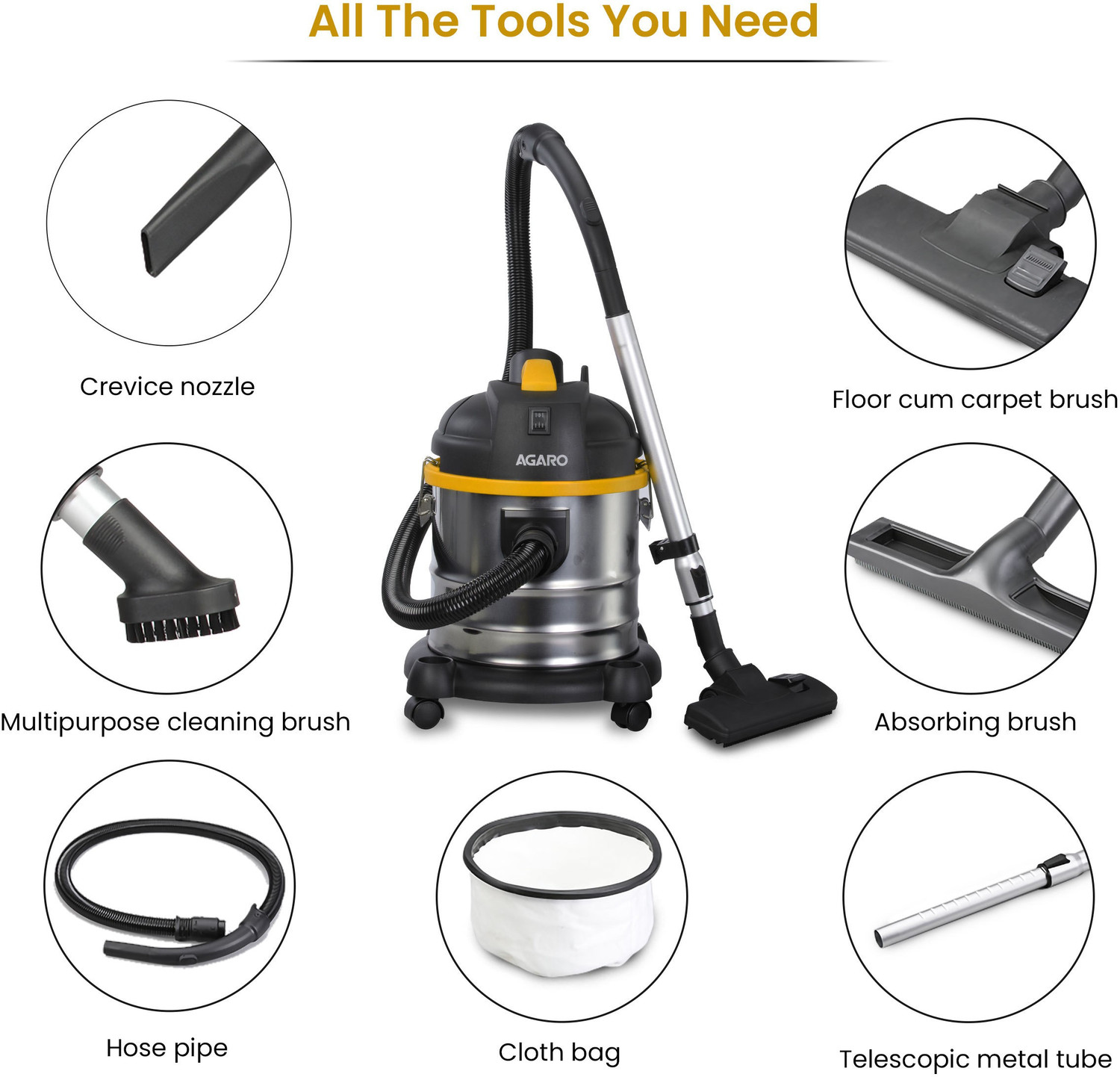 Image of AGARO Ace 1600W Wet & Dry Vacuum Cleaner with Reusable Dust Bag