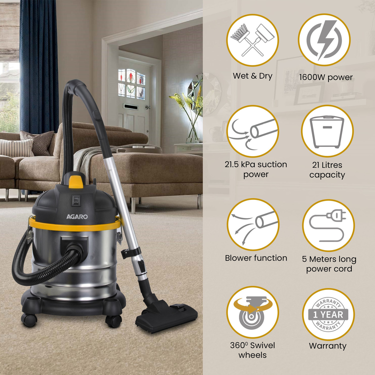 Image of AGARO Ace 1600W Wet & Dry Vacuum Cleaner with Reusable Dust Bag
