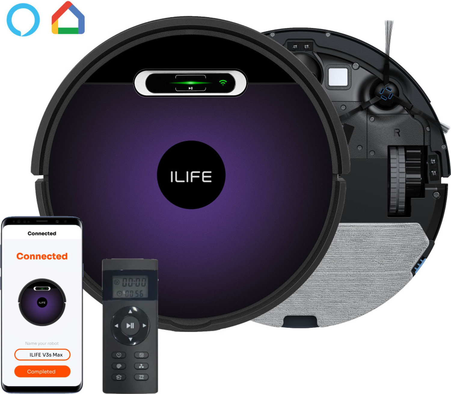 Image of ILIFE V3s Max 2 in 1 Robot Vacuum and Mop with Smart Gyro Path Planning, Max@2300Pa Robotic Floor Cleaner with Reusable Dust Bag, 2 in 1 Mopping and Vacuum, Anti-Bacterial Cleaning (WiFi Connectivity, Google Assistant and Alexa)