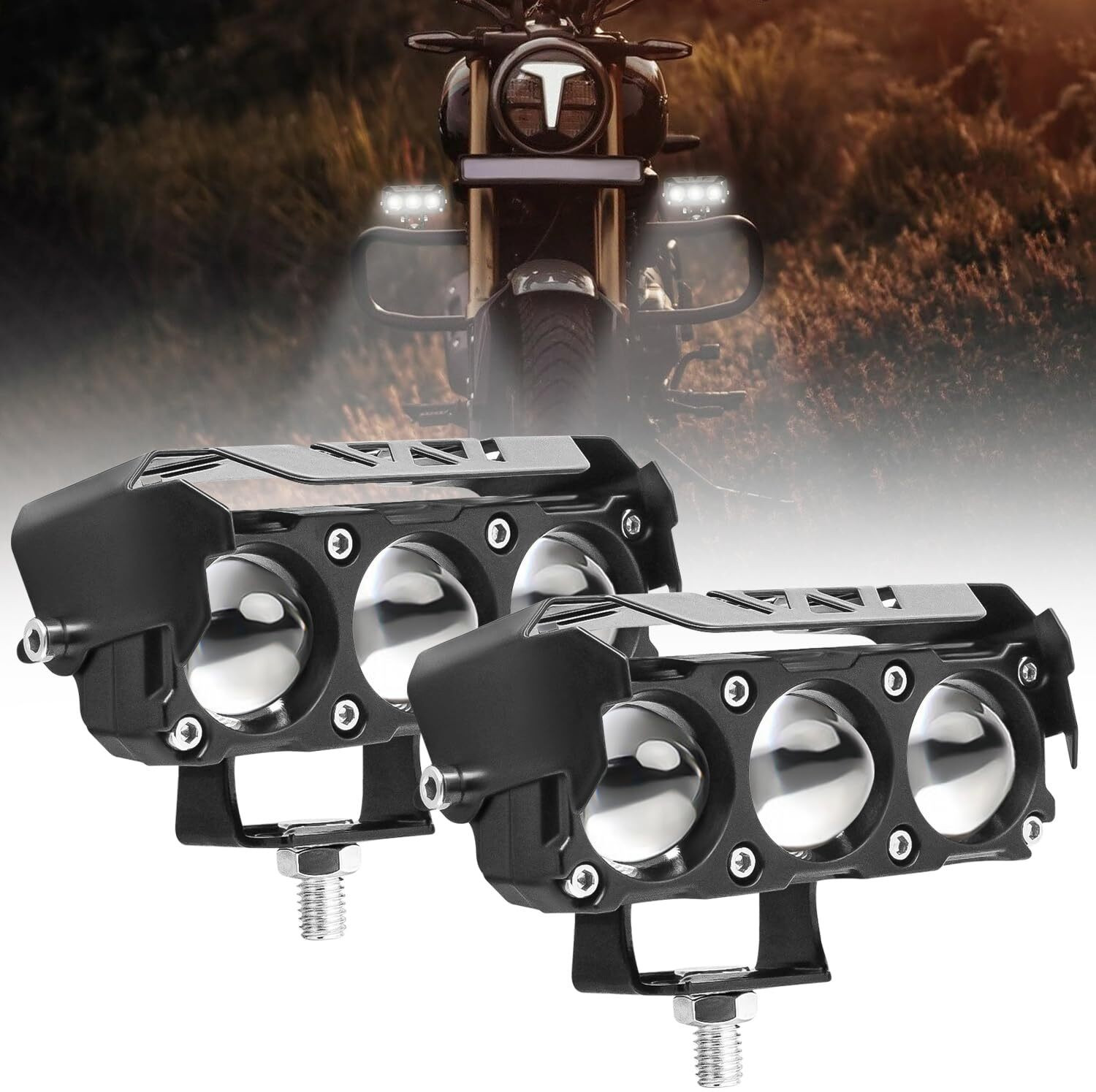 automunk Motorcycle LED Fog Lamp Three Lens White Yellow Heavy Quality Fog Lamp Motorbike, Car LED (12 V, 40 W)
