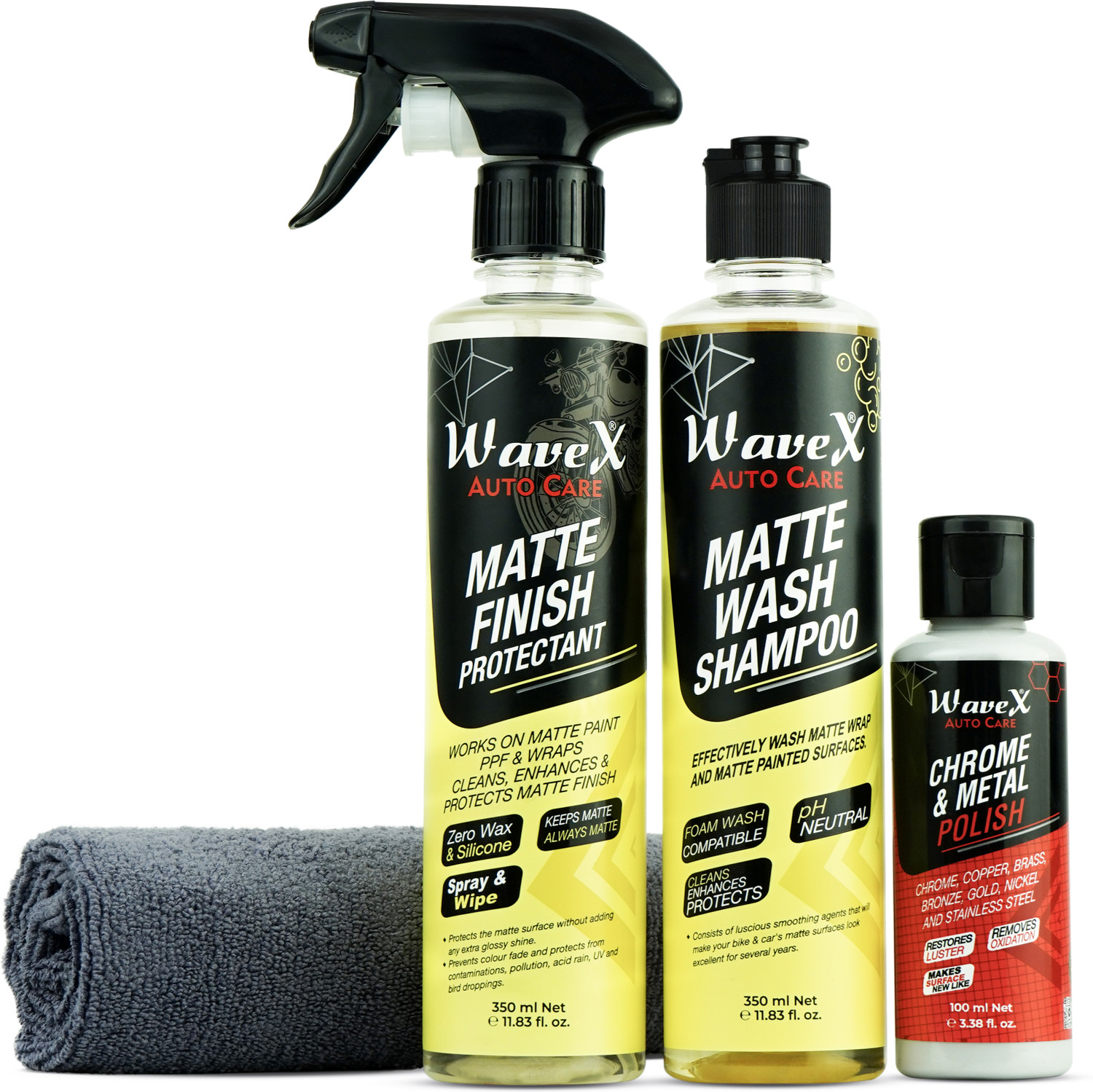 Wavex Matte Finish Maintainer 350 ml Combo | Wash, Clean, Protect and Maintain Matte Bikes and Cars | Consists of Matte Wash Shampoo, Matte Finish Maintainer and Microfiber Cloth Car Washing Liquid
