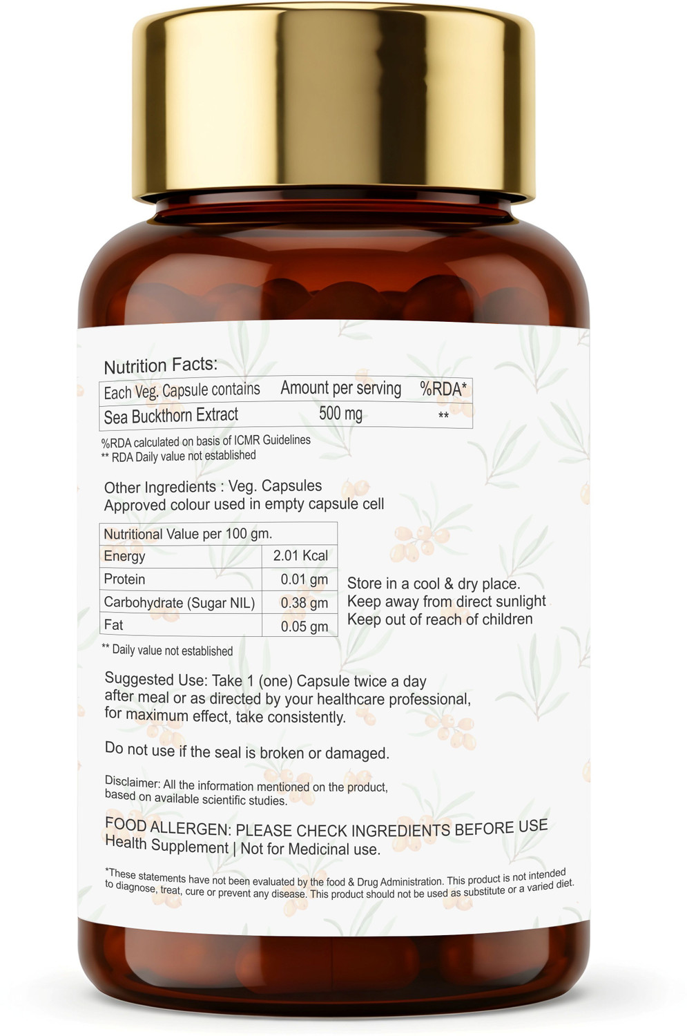 Image of Dr.Vedic Sea Buckthorn Berry Oil 500mg Capsules | Vegan Omega 3, 6, 7 & 9 (3 x 20 Capsules)