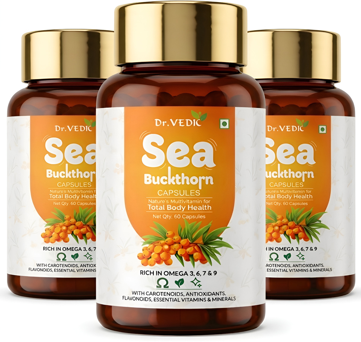 Image of Dr.Vedic Sea Buckthorn Berry Oil 500mg Capsules | Vegan Omega 3, 6, 7 & 9 (3 x 20 Capsules)