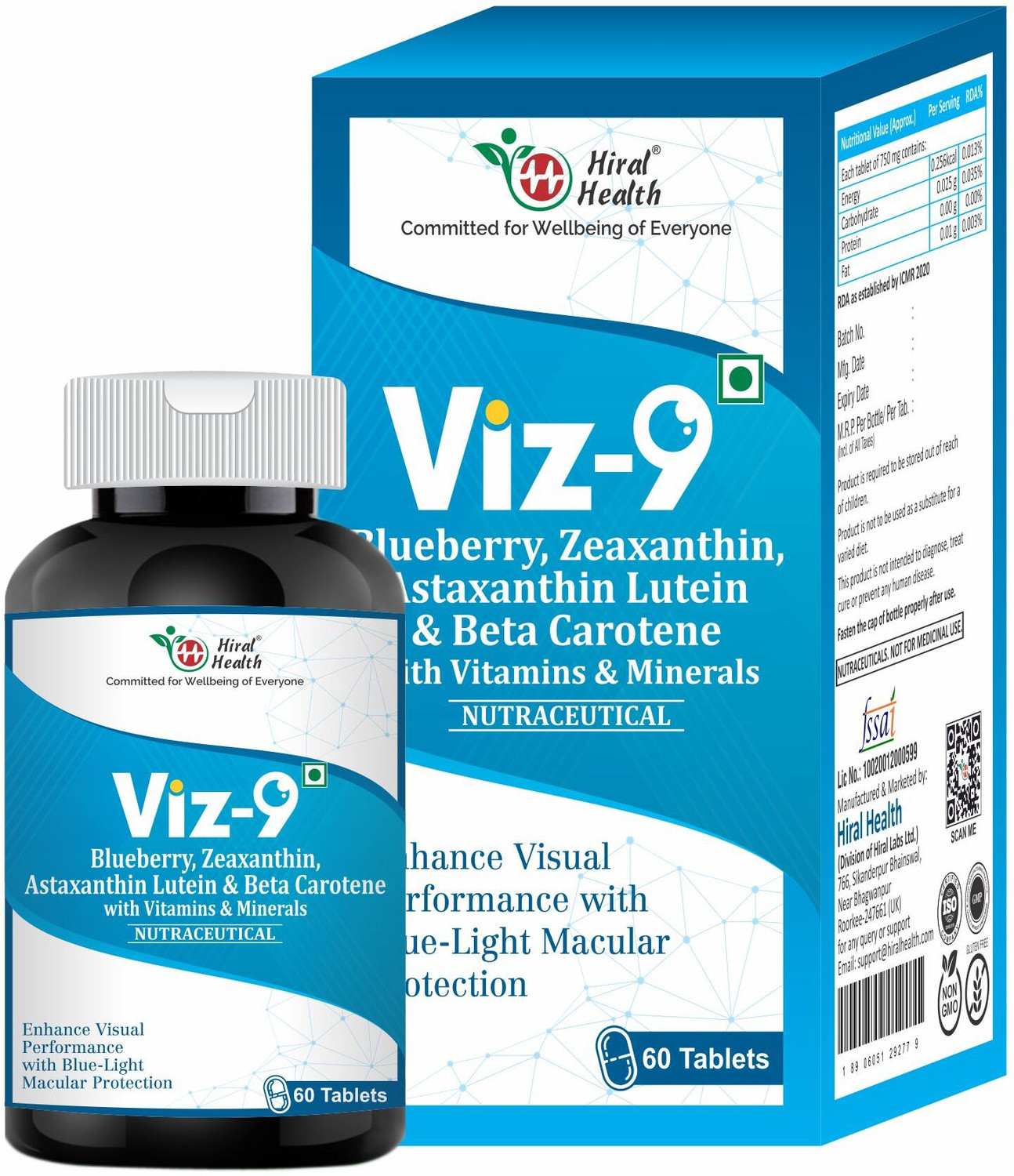 Image of Hiral Health Viz-9 Tablets: Eye Supplement with Vitamin A, Lutein, Zeaxanthin Vision Care