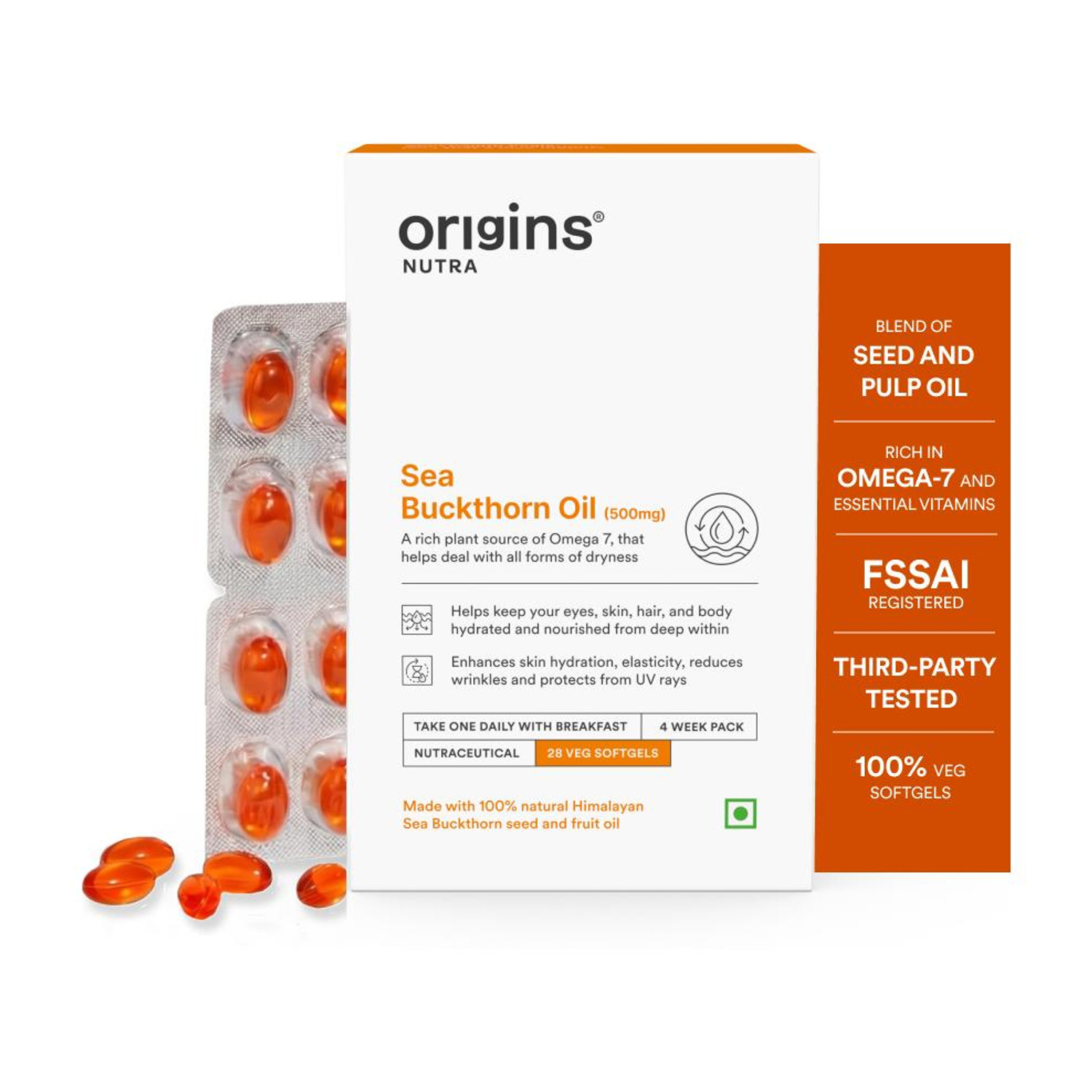 Image of Dr.Vedic Sea Buckthorn Berry Oil 500mg Capsules | Vegan Omega 3, 6, 7 & 9 (3 x 20 Capsules)