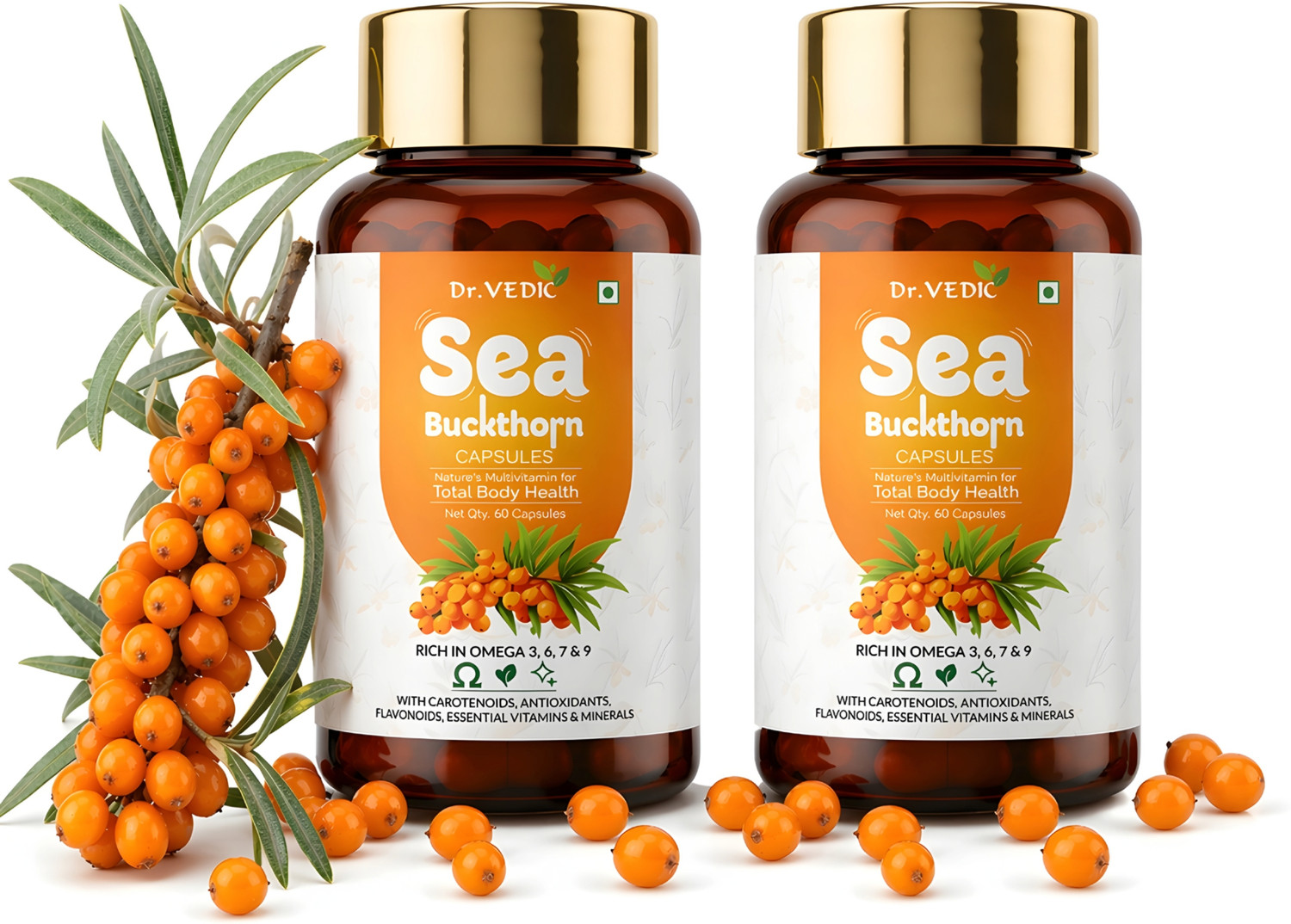 Image of Dr.Vedic Sea Buckthorn Berry Oil 500mg Capsules | Vegan Omega 3, 6, 7 & 9 (3 x 20 Capsules)