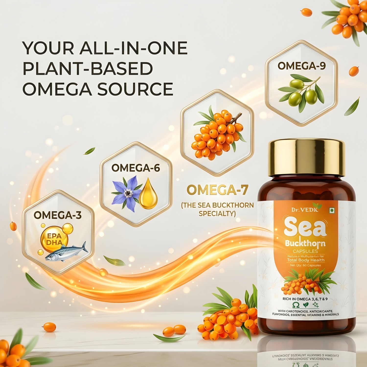 Image of Dr.Vedic Sea Buckthorn Berry Oil 500mg Capsules | Vegan Omega 3, 6, 7 & 9 (3 x 20 Capsules)
